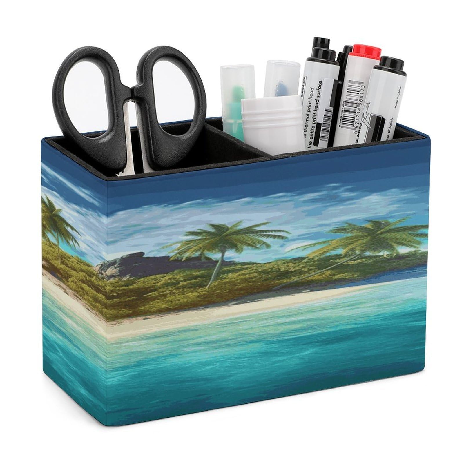 VstaDank Tropical Island Pencil Holder for Desk(Double Slots) Fashion Leather Pencil Cup Simple Rectangular Shape Pen Holder Multi-Functional Pen Cup for Home Office Supplies Storage