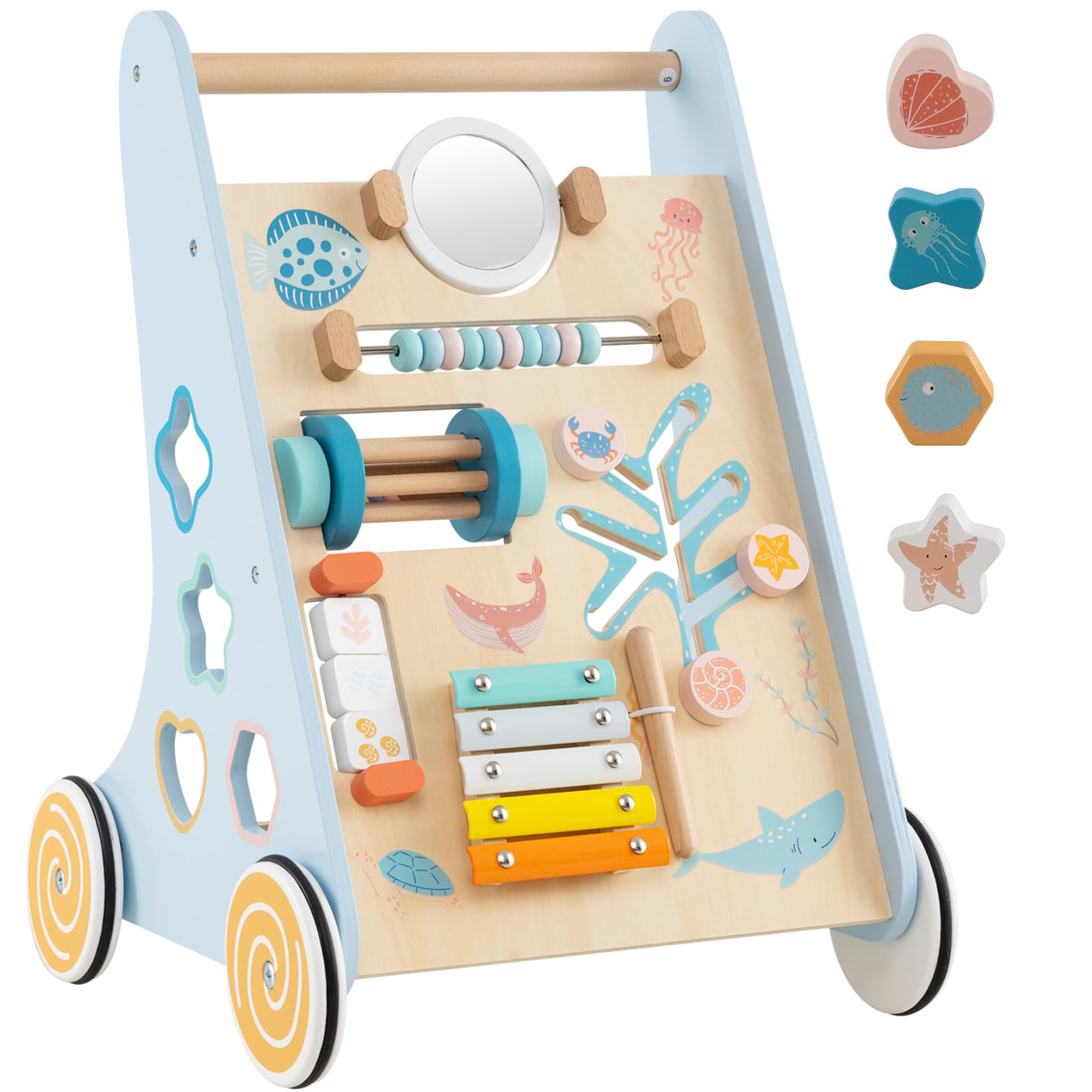 GYMAX Wooden Baby Walker, All-in-One Toddler First Step Activity Interactive Push Along Toy with Handle & Smooth Rubber Wheels, Sit-to-Stand Learning Walker for Girls & Boys (Ocean)