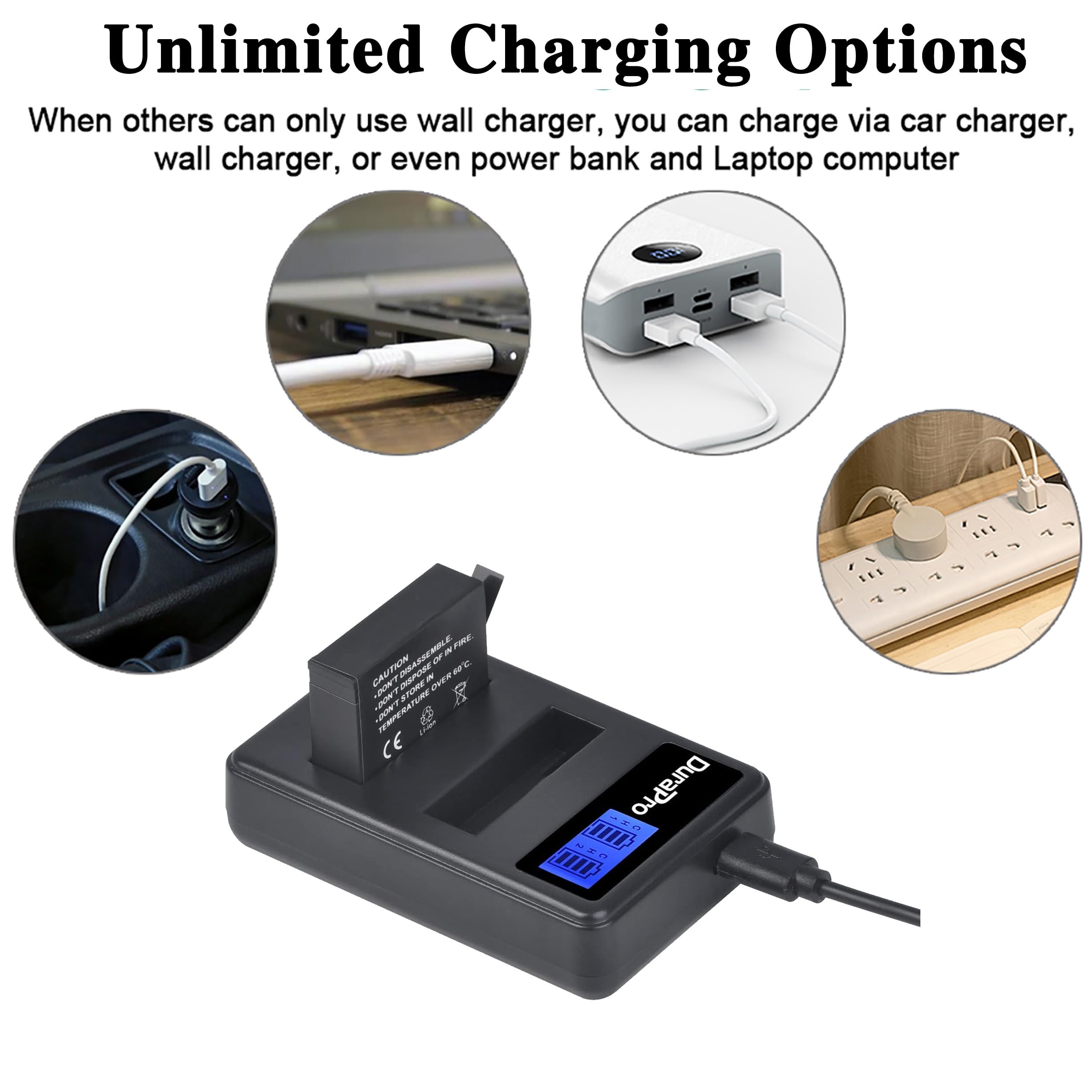 DuraPro Batterie ahdbt - 401 (Pack de 4) 1680mah + LCD Double Chargeur USB pour gopro Hero 4 Noir/Argent Appareil Photo