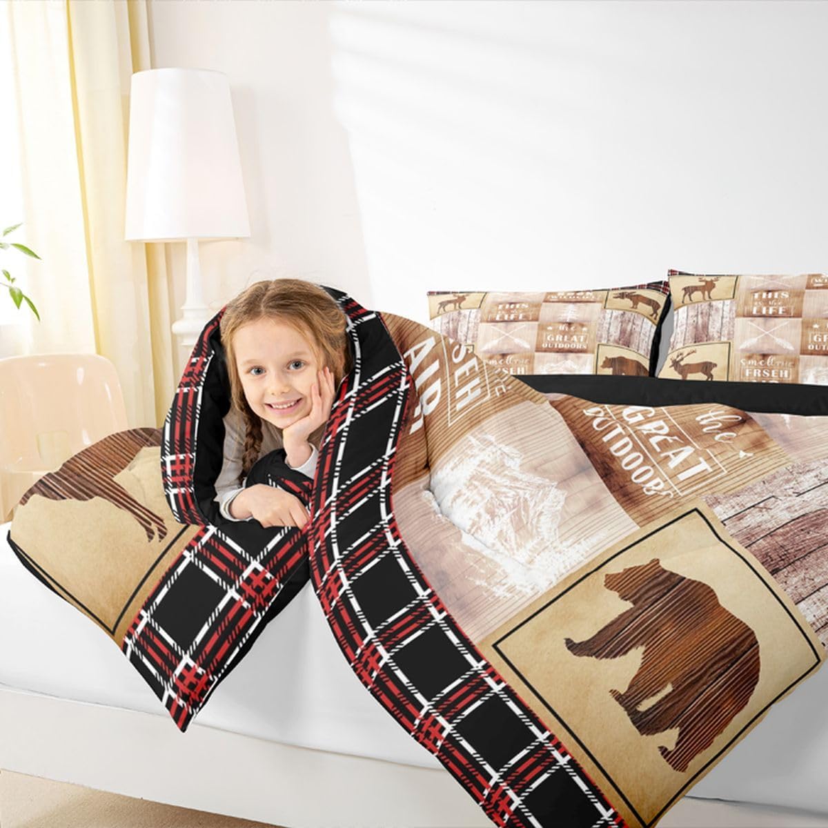 Erosebridal Patchwork Plaid Bear Down Comforter Rustic Deer Moose Elk Bedding Set Twin Farmhouse Barn Door Comforter Set Country Hunting Wildlife Woodland Animal Bed Duvet Set Cabin Lodge Decor