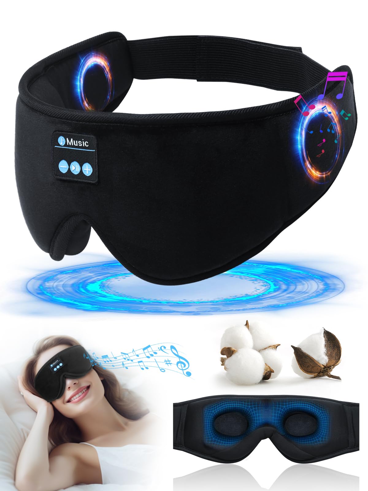 Sleep Mask with Bluetooth Headphones Bluetooth Sleep Mask Sleep Headphones, 3D Eye Mask for Sleeping Mask Music Sleeping Headphones for Side Sleepers Meditation Gifts Gadgets for Men Women (Black