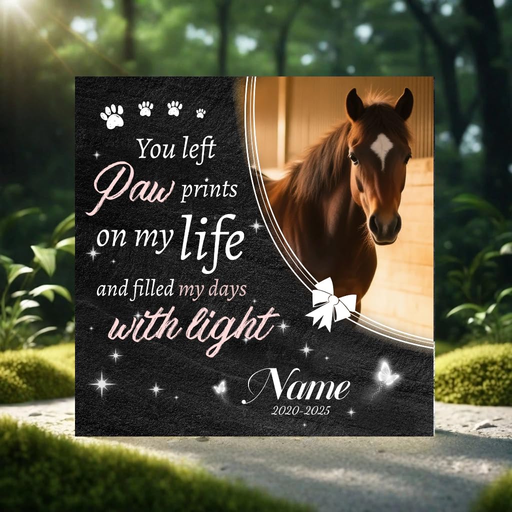 ZUHK Personalized Pet Memorial Stone,Custom Engraved with Photo and Text,Sympathy Gifts for Loss of Dog/Cat/Pet,Weatherproof Memorial Stone for Outdoors/Indoors (Horse Tombstone A12)