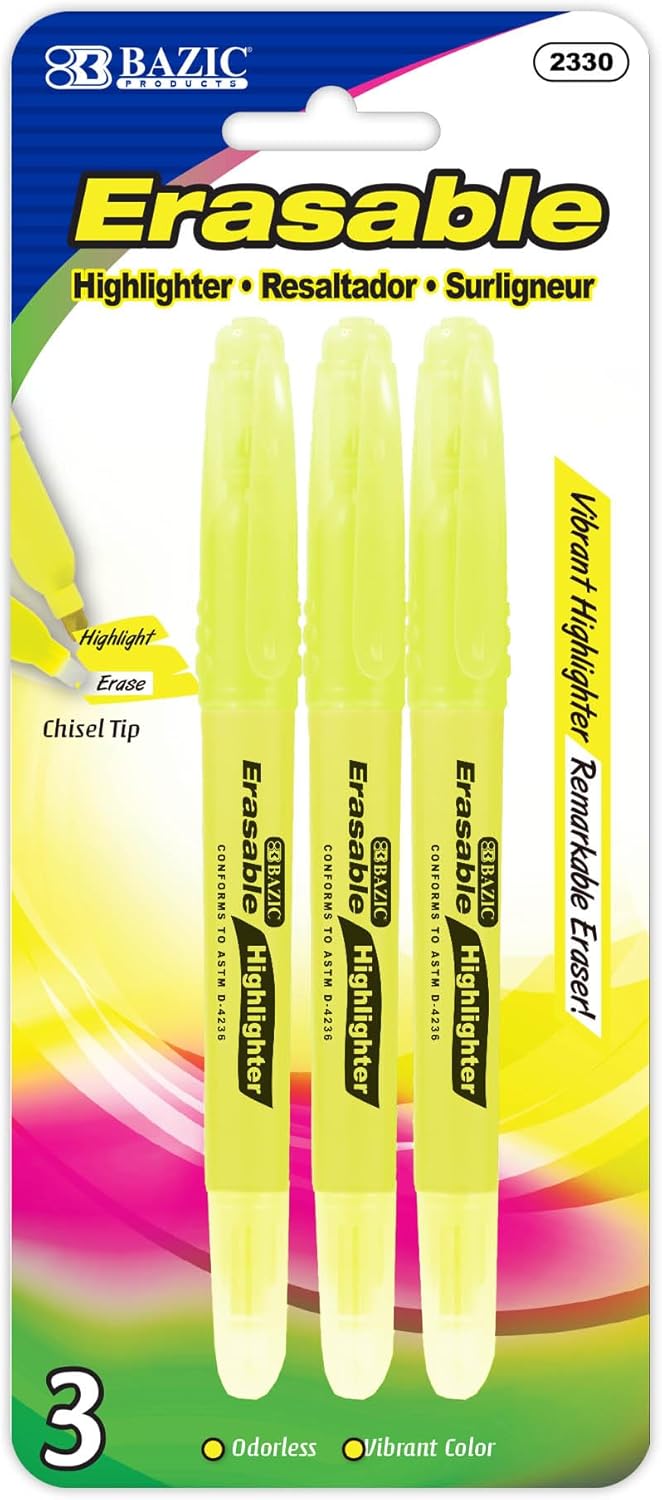 BAZIC PRODUCTS Erasable Highlighter – Chisel Broad Line Fine Point Highlighters, Unscented, Highlighter Pen for Office, School, & Study Use Smooth Marking, (3/Pack), 24-Packs