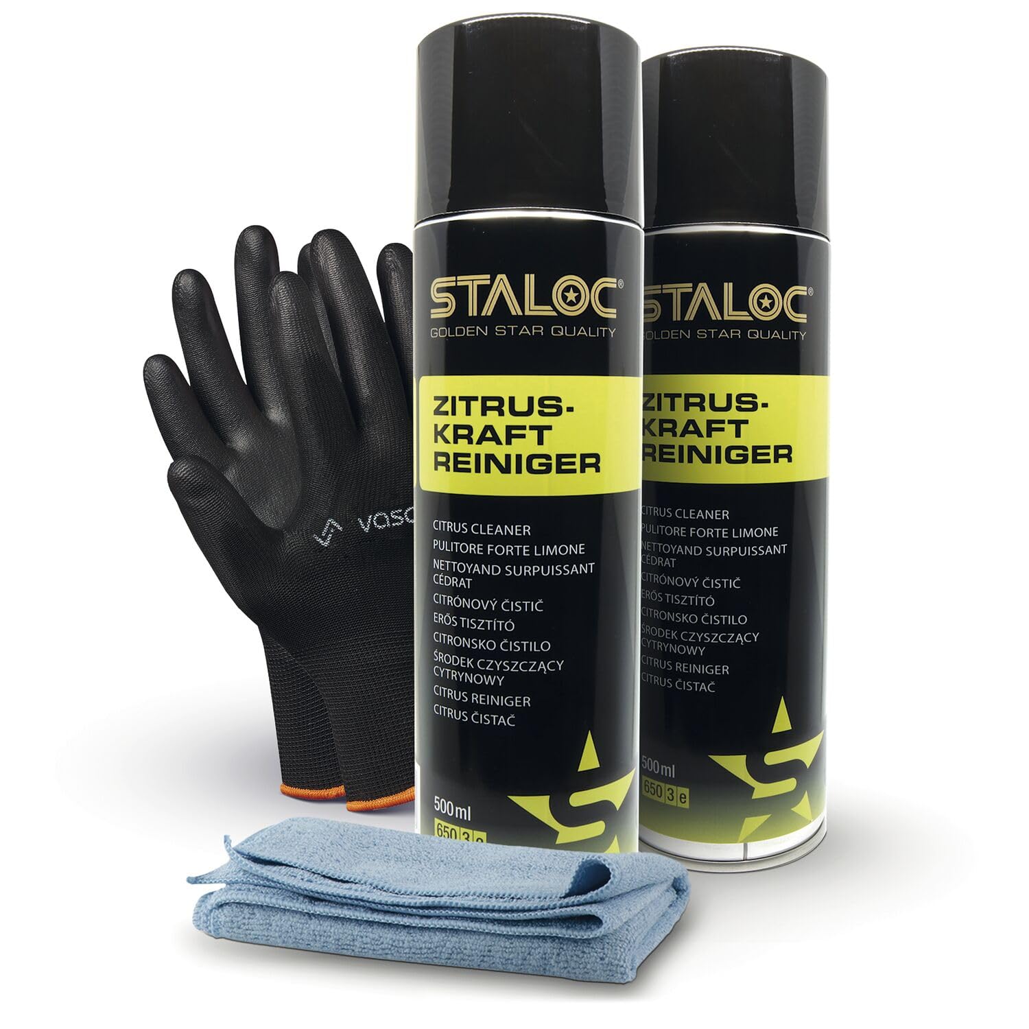 Staloc Zitrusreiniger - hochwirksamer Citrus Reiniger Reinigungsspray für Metall und Kunststoff, Allzweckreiniger ideal für den Haushalt, 2x Zitrus Reiniger + 1x Mikrofasertuch
