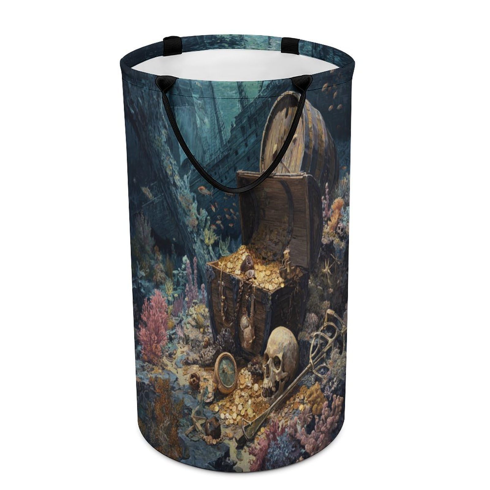 LUYYSKY Colorful Realistic Pirate Ship Collapsible Dirty Clothes Basket, Mid Century Vintage Nautical Underwater Treasure Shipwreck Skull Portable Clothes Storage Laundry Basket-40 CM Dia, 69 CM High