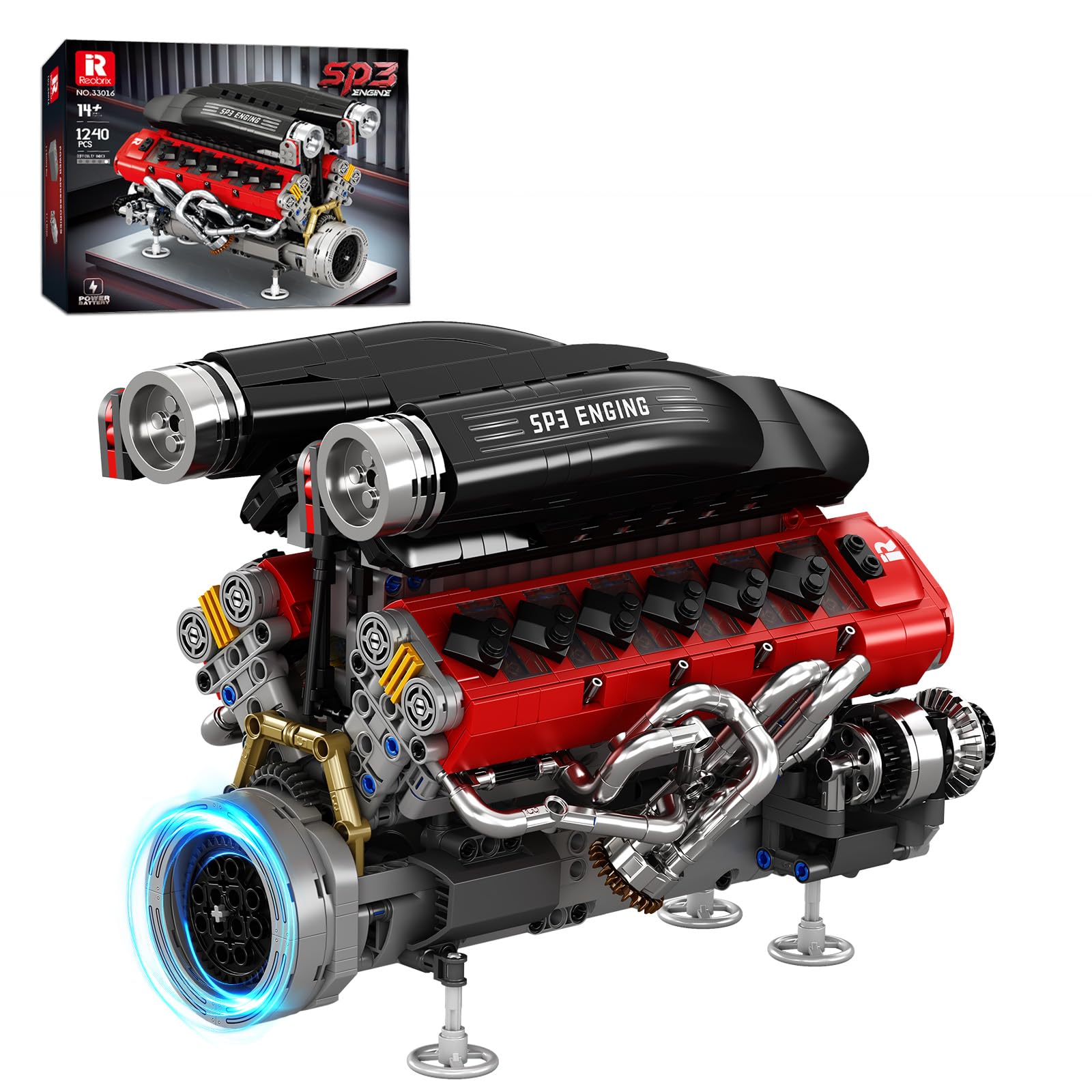 Reobrix Kit de Construction de Moteur V12, Modle de Moteur de Supercar | Modelo de Motor en V A 65°, Set de Construccin Mecnica 33016, Artculo de Coleccin Premium para Adultos, 1240 Piezas