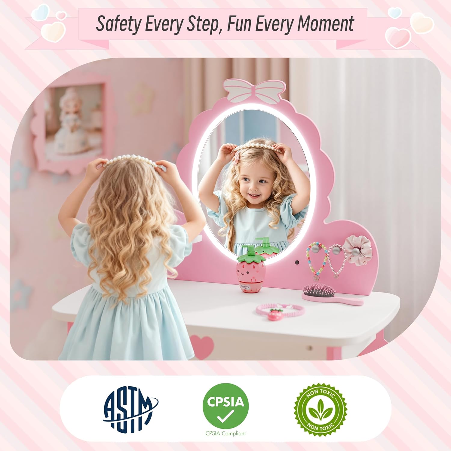 TOLEAD Girls Vanity Set with Lighted Mirror and Stool, Kids Vanity with Storage Space and Bow Pattern for Princess, Toddler Makeup Vanity Desk with Open Shelf and Bracelet Bods, Pink