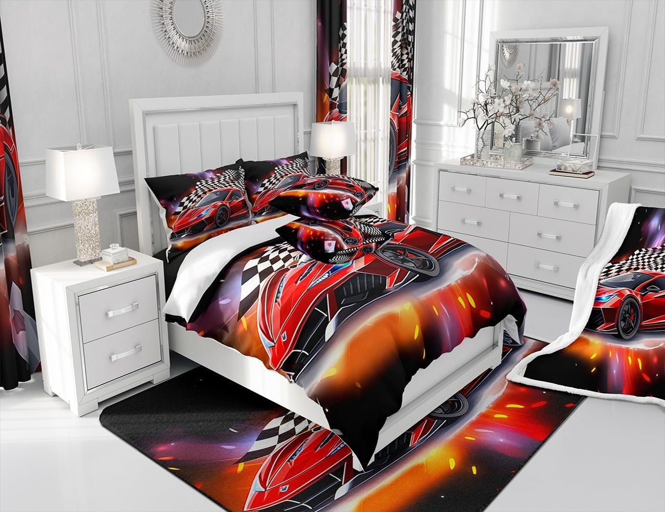 Speed Sports Car Curtains Extreme Sports Window Curtains for Bedroom Living Room for Kids Decor Red Window Drapes Microfiber Checkerboard Window Treatments Bedroom Bedclothes 42W X 63L,2 Panels