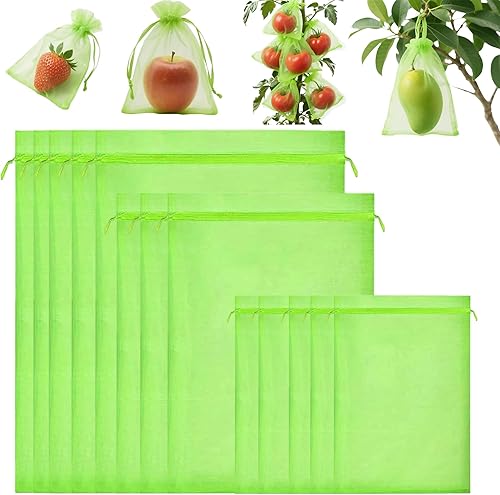 DMIMIA 100 bolsas reutilizables de protección de frutas de 3 tamaños con cordón, bolsas de red de jardín para mantener la fruta de insectos, pájaros