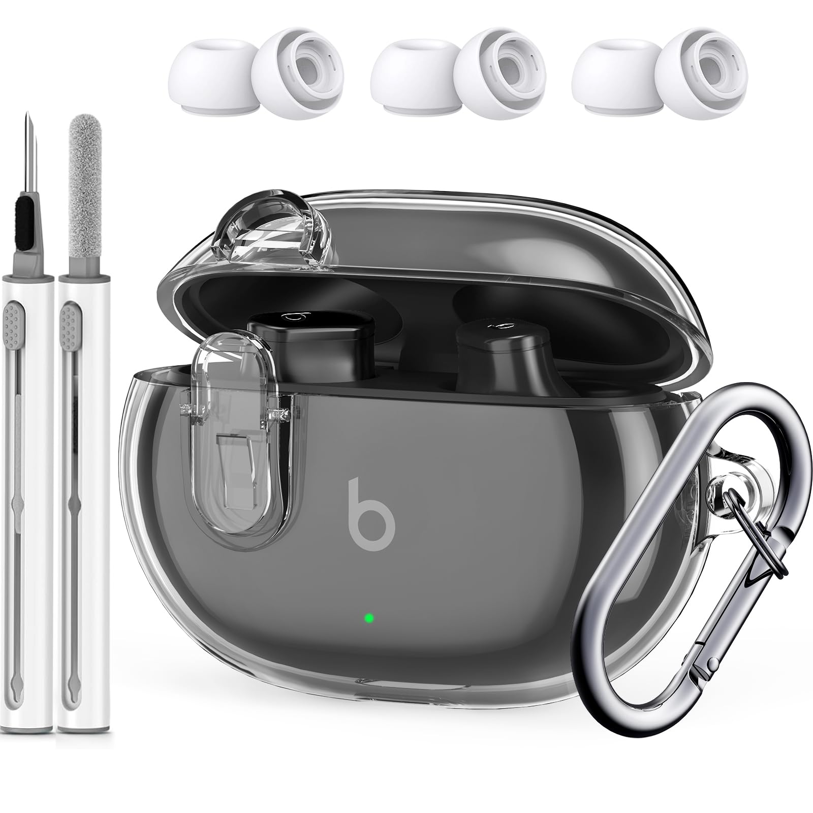 Beats Studio Buds/Studio Buds Plus Case Cover Clear 2021/2023 with Key Fob and Earbud Cleaning Kit, Secure Lock Protective Case Cover for New Beats
