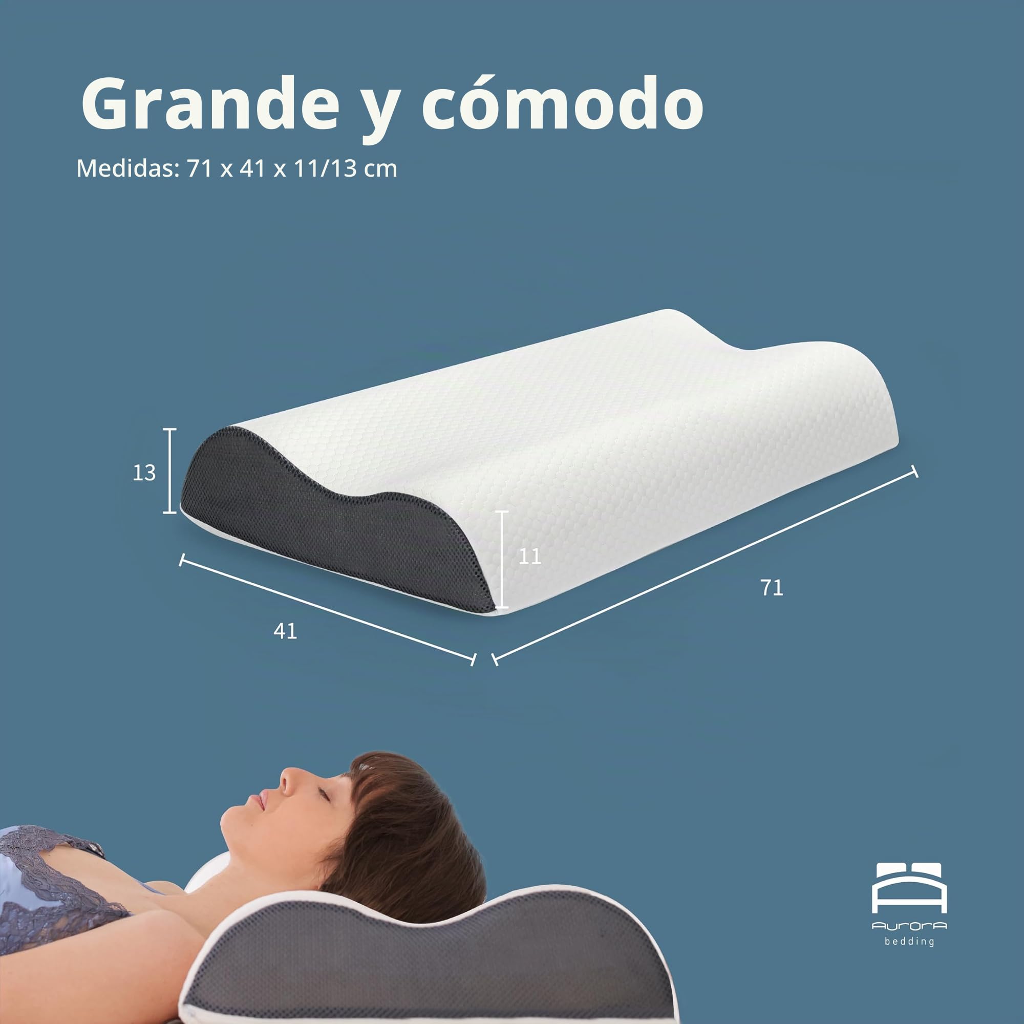 Aurora Bedding Almohada Cervical para Dormir de Espuma Viscoelástica Perforada Doble Onda Transpirable Refrescante, 41 x 72 x 11/13 cm