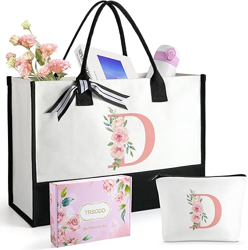 Regalos personalizados para Navidad, regalos de cumpleaños iniciales florales para mujeres, bolsa de lona de monogramo con bolsa de maquillaje,
