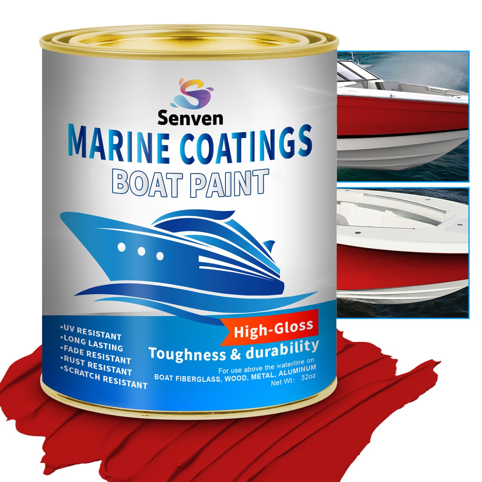 Boat Paint 35oz Gloss Red Marine Topside &amp; Bottom Enamel, Oil-Based Epoxy for Aluminum, Fiberglass, Wood, Heavy Duty Marine Grade Hull Coating