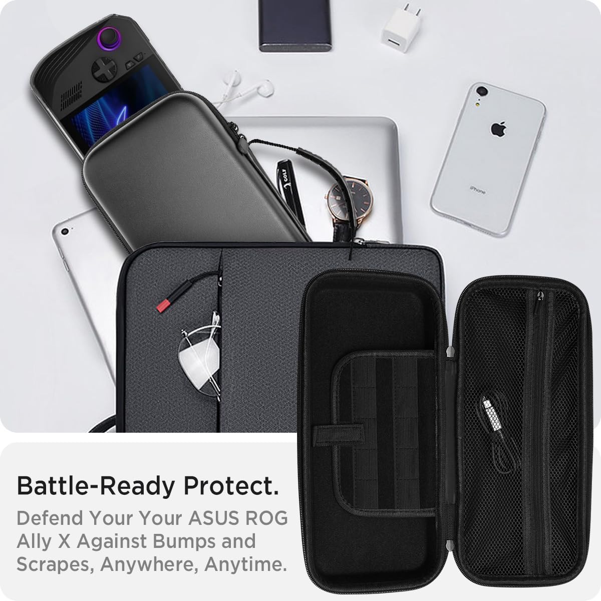 Miimall Funda de Transporte Compatible con ASUS ROG Ally X 2024/ROG Ally 2023, Bolsa de Portátil de Piel Sintética, Dura Antiarañazos Antigolpes Funda Protectora de Viaje con Bolsillos, Negro