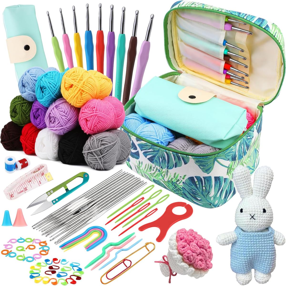 Azulmart 88Pcs Crochet Kit, Beginners Crochet Hook Set Include 12 Colors Crochet Yarn, Hook, Bag Lace Steel Needles 0.6-1.2 mm, Complete Knitting Accessories for Starters Professionals Travel Supplies