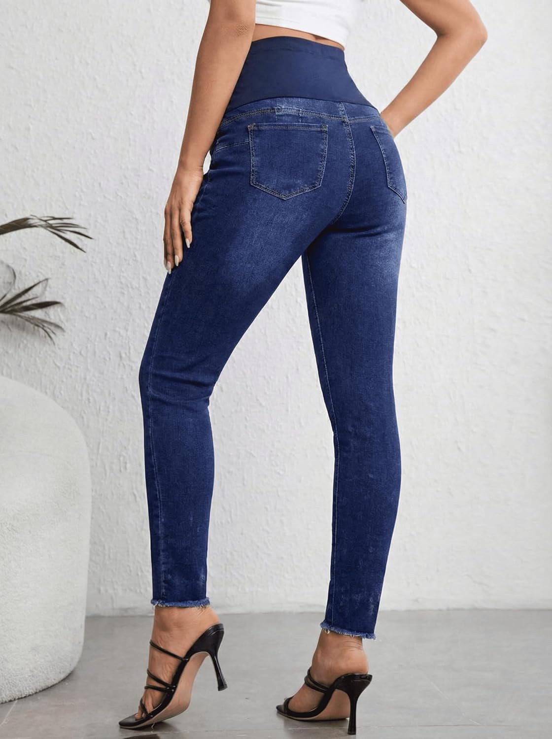 Women's Maternity Skinny Jeans with Adjustable Waistband Stretchy Ripped Denim Pants Over Belly & Raw Hem - Image 3