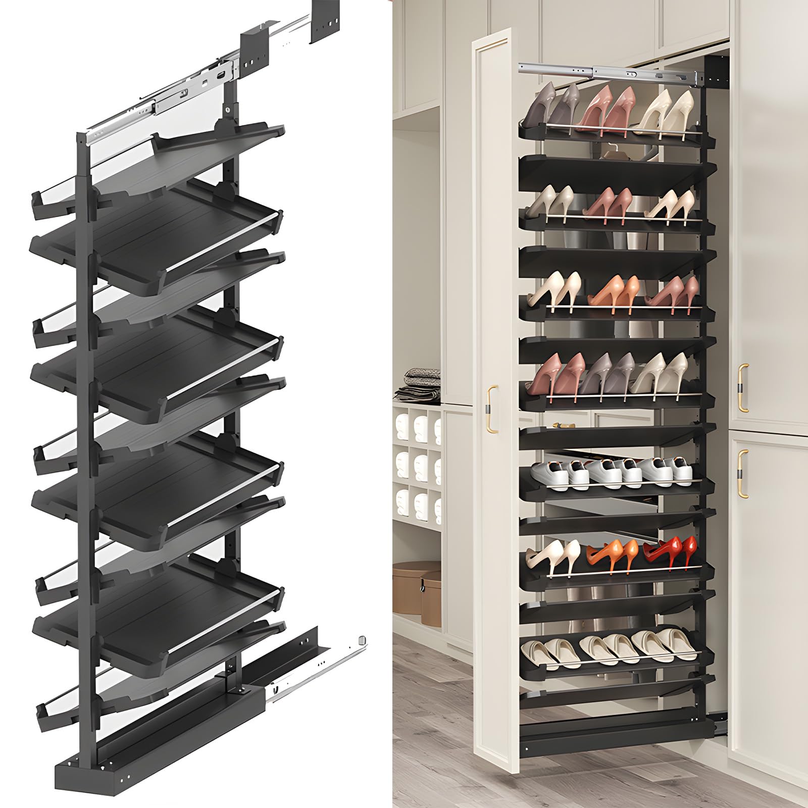 WMYYZYQ Pull Out Shoe Rack, Adjustable Vertical Shoe Organizer for Closet and Wardrobe, Heavy Duty Slide Out Shoe Storage System, Fits Depth 17.7"-34.3",9 Tier-33.5 Inch Depth