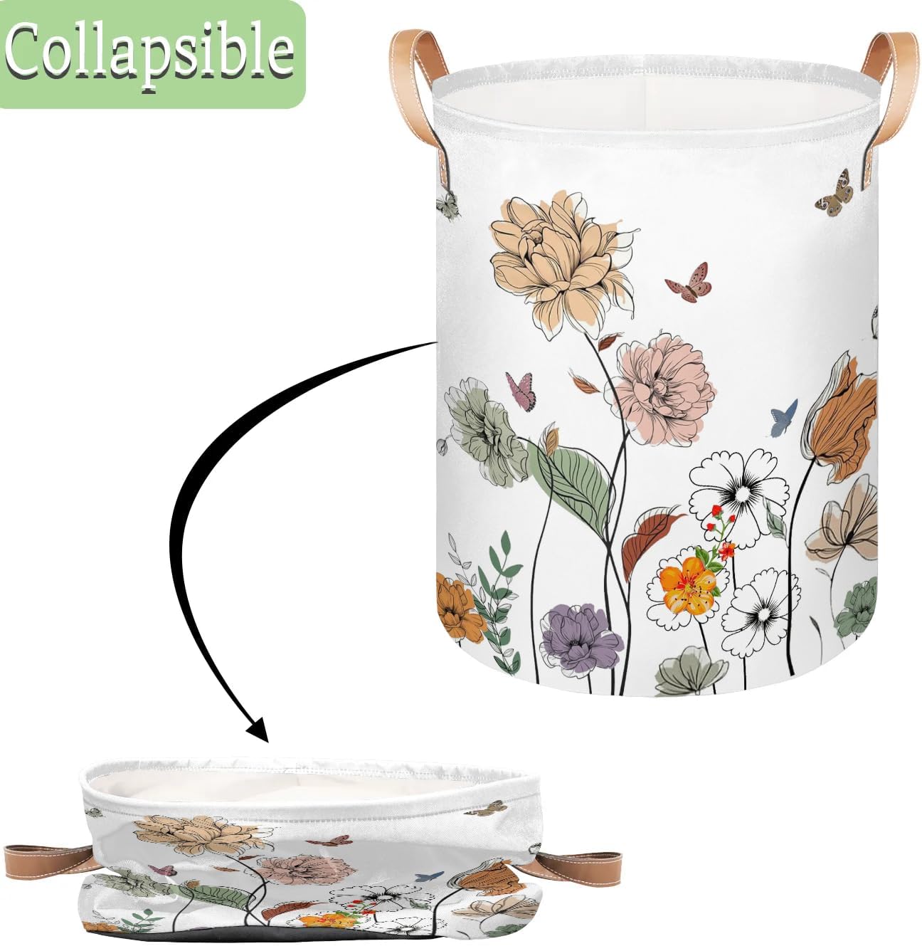 Bright Floral Laundry Basket, Simple Wildflower Laundry Hamper with Handle, Dirty Clothes Hamper for Bedroom Living Room, Baby Hamper for Nursery, Home Decoration