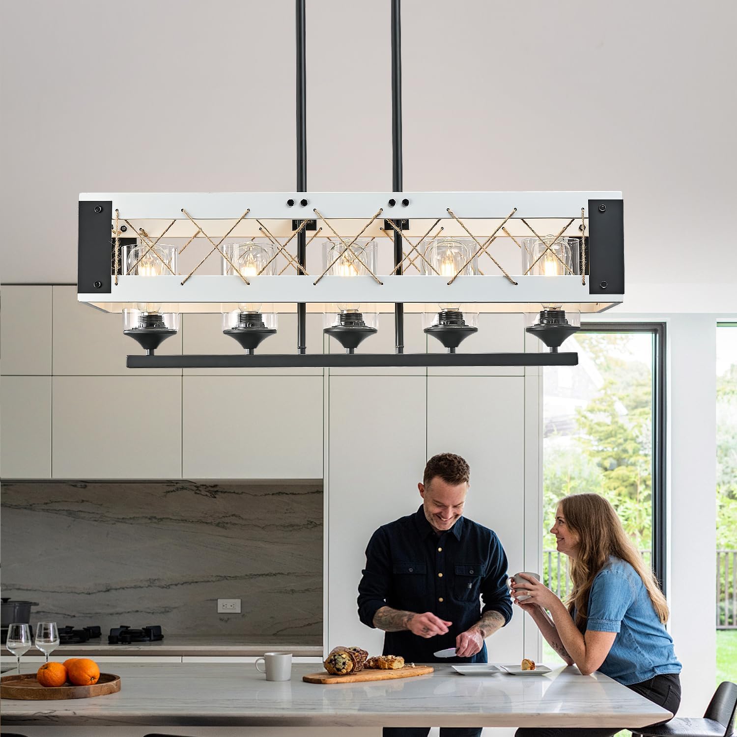 Dalouguan 5-Light Farmhouse Pendant Light for Dining Room, White Rustic Kitchen Island Lighting, Adjustable Height Chandeliers for Kitchen Dining Room Table