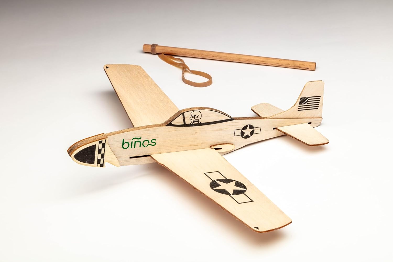 BINOS P-51 Mustang Balsa Wood Historical WW2 Glider with 14 inch Wingspan and Slingshot