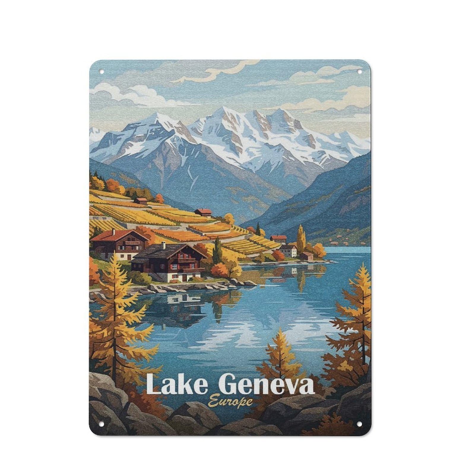 Junmoney Style-11 Lake Geneva Europe Travel Rustic Metal Plaque 40X30cm For Living Room Or Hallway, For Garage, Workshop And Man Cave Decoration