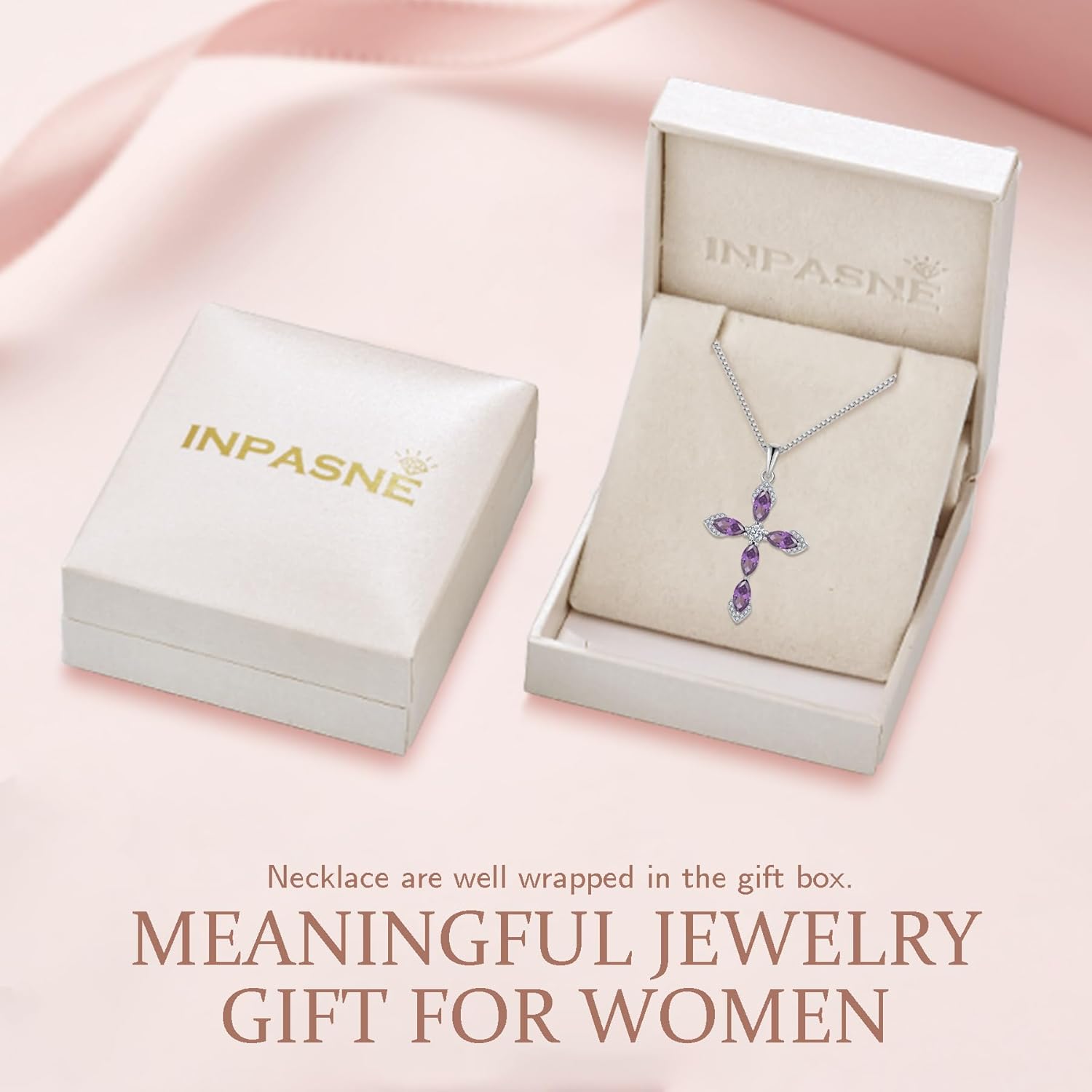 Women Cross Necklace 925 Sterling Silver Halo Gemstone Necklace Crucifix Religious Pendant Birthstone Jewelry Gifts for Her