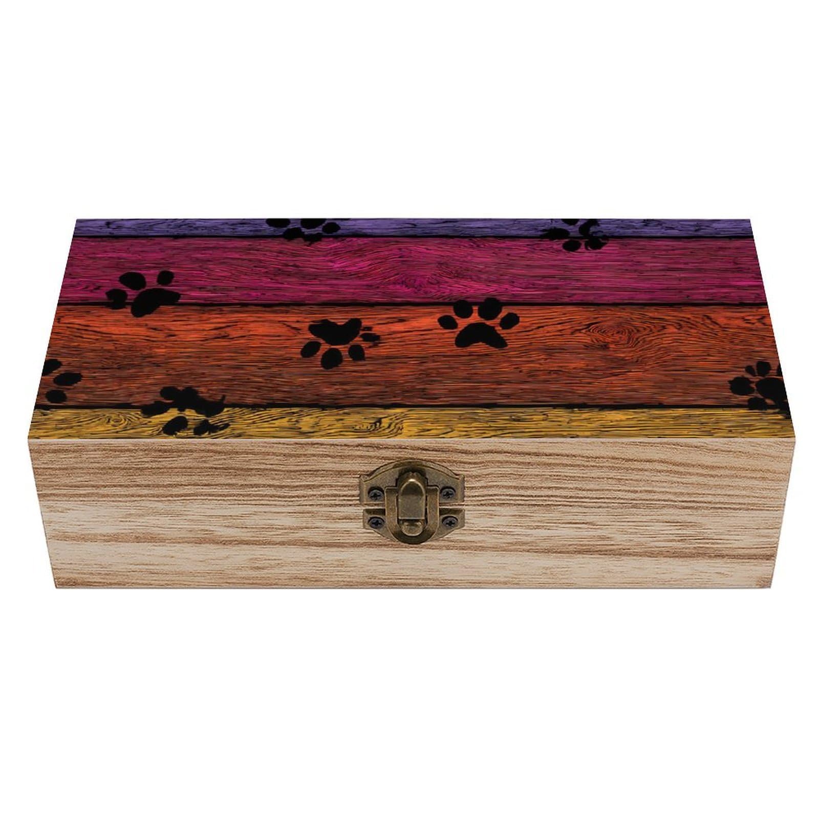 HLBSDM Rainbow Woodgrain Dog Paw Wooden Box with Hinged Lid Decorative Storage Case Container