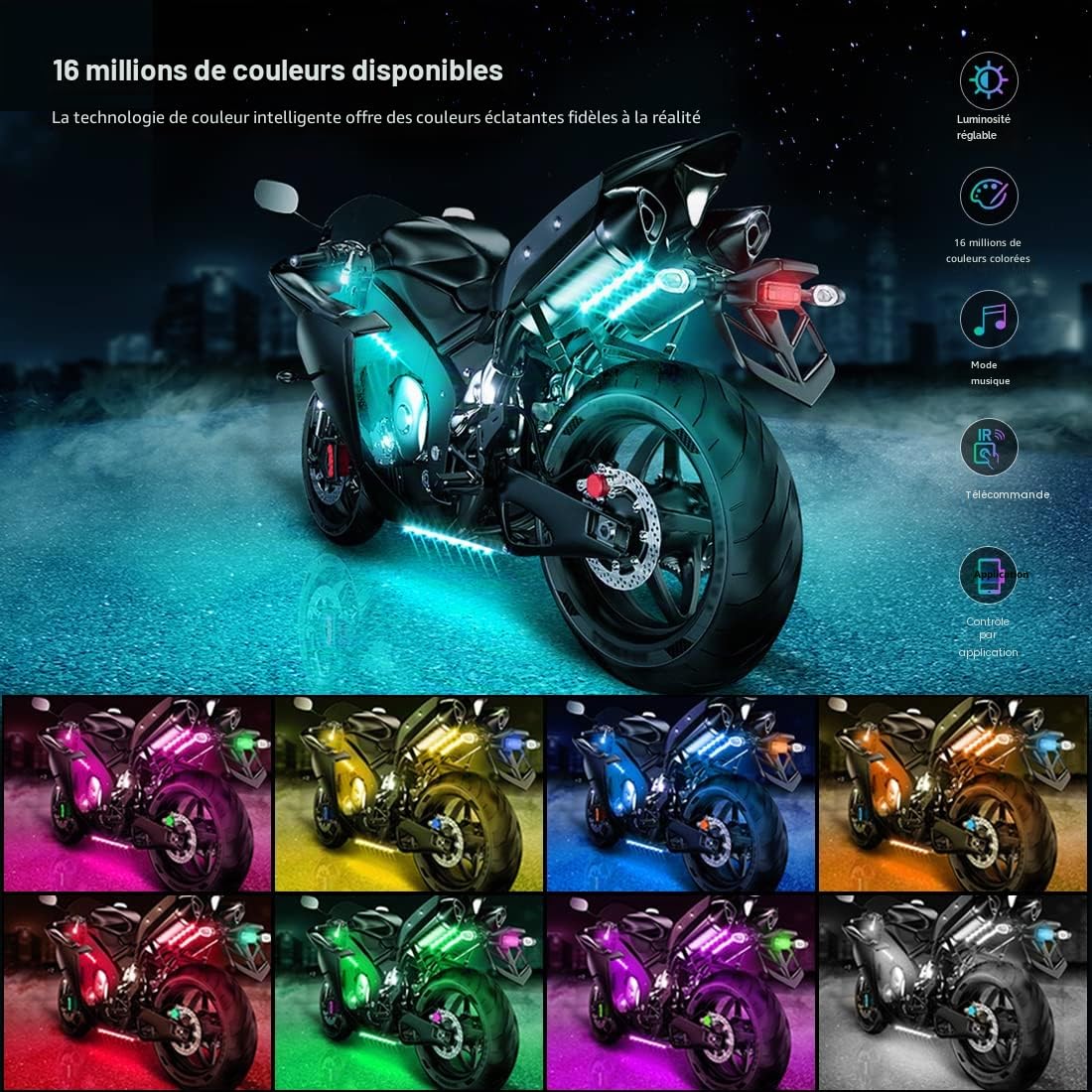 Kit de 12 lumières LED, bande LED RVB pour moto avec mode musique, fonction de feu stop multicolore, contrôle par application sans fil, DC 12 V