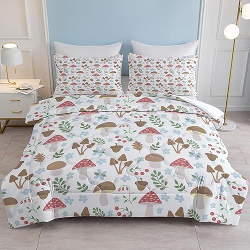 SOULZZZ Juego de edredón de hongos florales tamaño Queen, edredón de hongos fresa, cereza roja, flores azules, especies salvajes, juego de ropa de