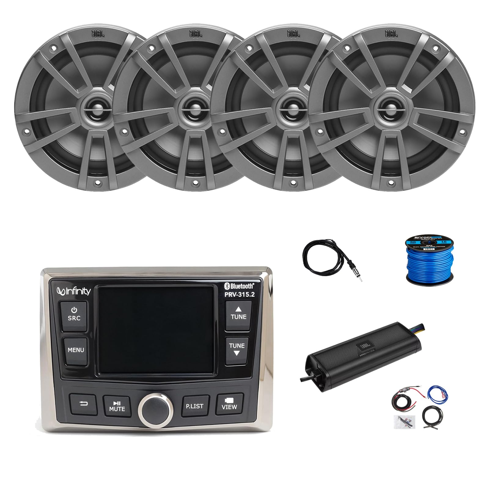 Marine Gauge Style Bluetooth AM/FM/WB Radio, 4X 6.5 180 Watt 2-Way Multi-Element Audio Speakers (Gray), Wire, Antenna, 4-Channel 1250W Amplifier w/Kit