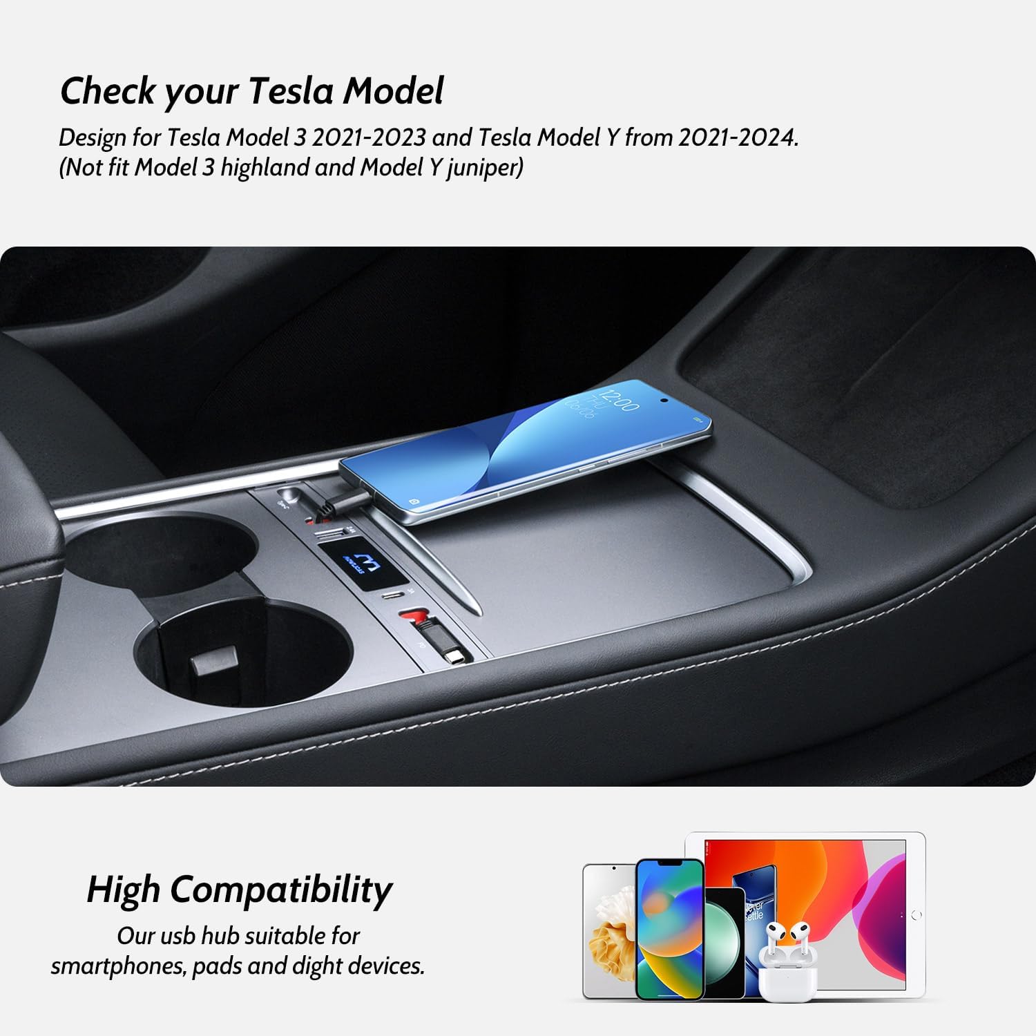 2 USB-C Touch Hub for Tesla (White), Retractable 27W Fast Charger for iPhone 15 is Necessary Model3/Y 2024/2023/2022/2021 Accessories but Not for M3 Highland, Gifts for Tesla Owners image 4