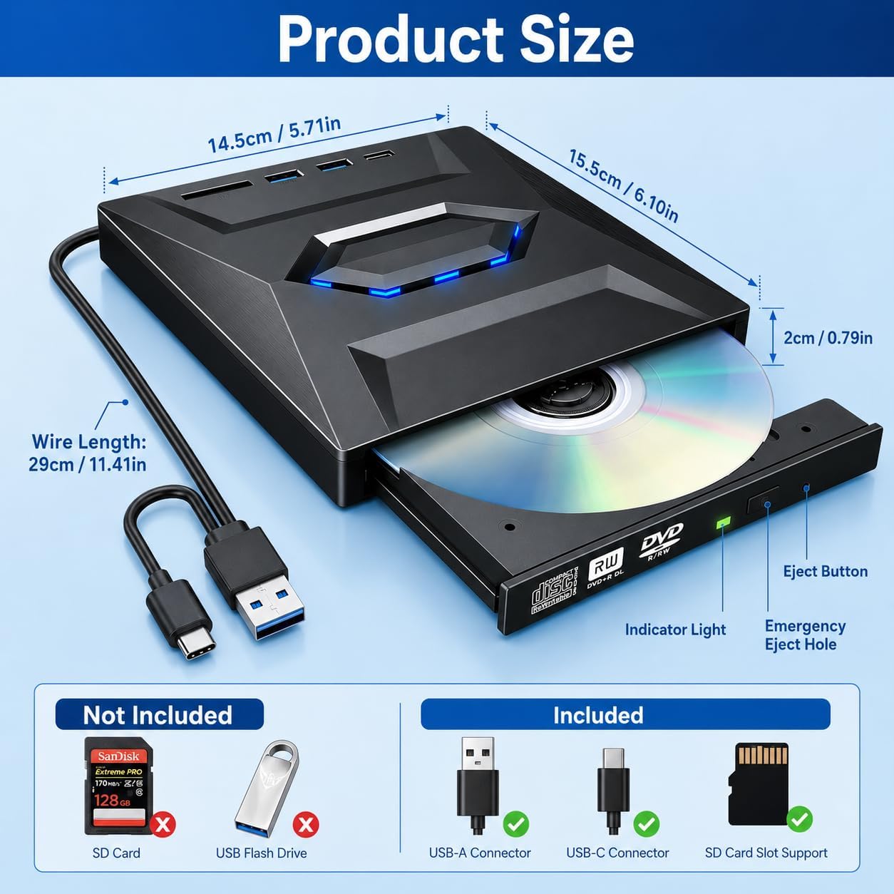 Lector CD Externo y Lector DVD Externo USB 3.0 USB C, Grabadora DVD Externa Portátil con Lector SD TF y 3 Puertos USB, Reproductor DVD para PC Laptop Mac Windows Linux