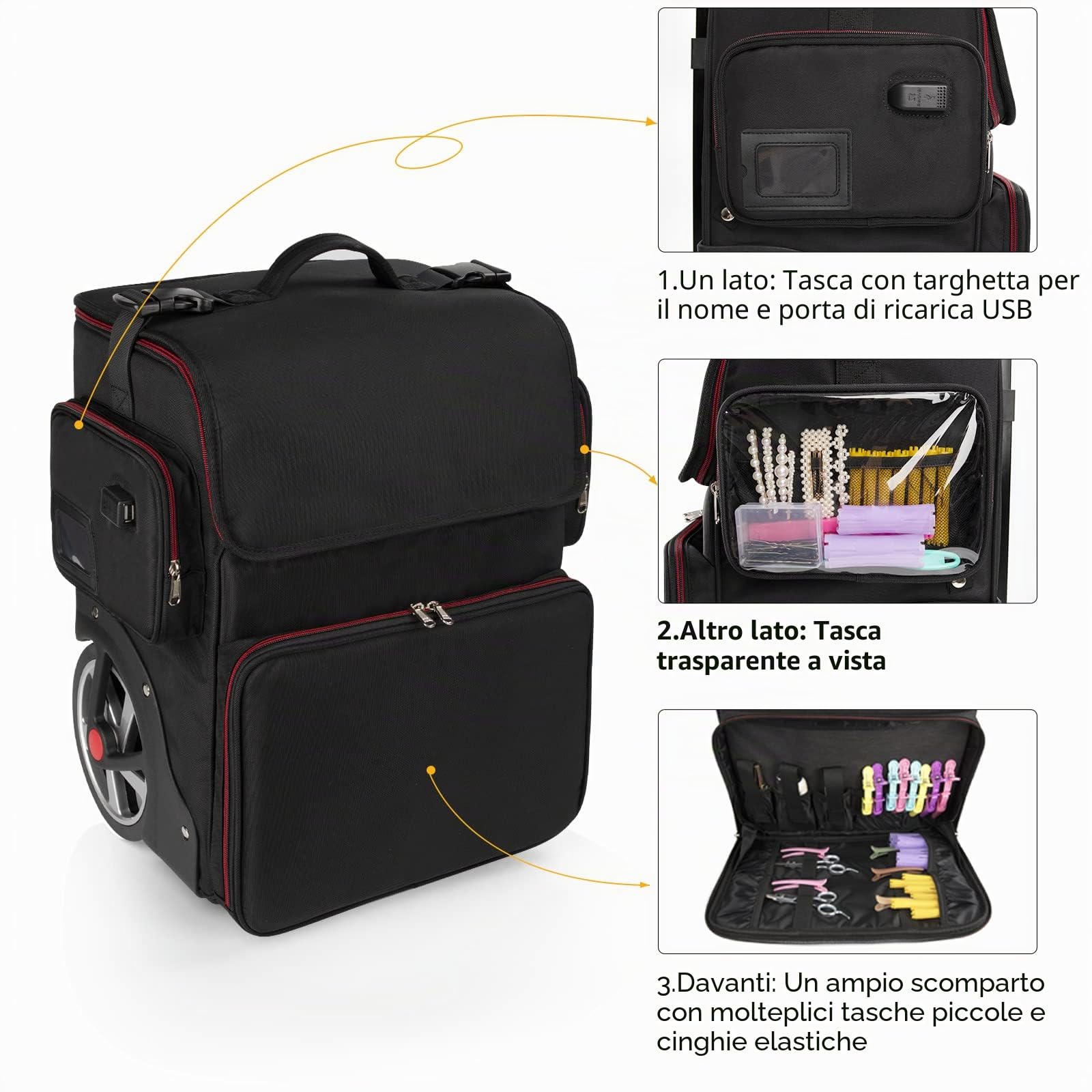 Grande valigetta cosmetica, custodia cosmetica per parrucchiere, borsa organizer per parrucchiere, isolamento termico, anti-scottatura, trolley con ruote, 1 trolley, Trolley per cosmetici extra grande