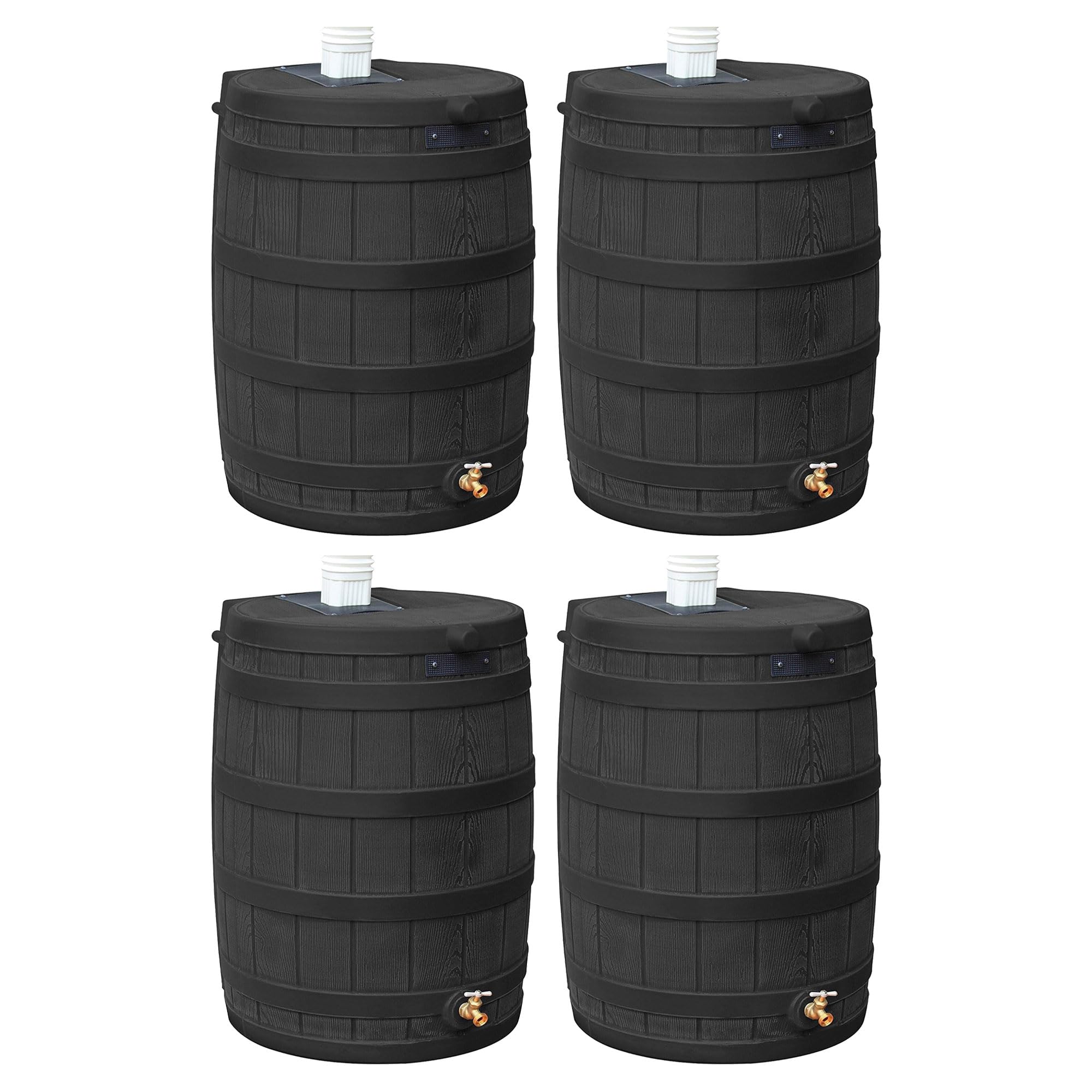 Good Ideas Rain Wizard 50 Gallon Plastic Outdoor Home Rain Barrel Water Storage Collector with Brass Spigot and Flat Back Design, Black (4 Pack)