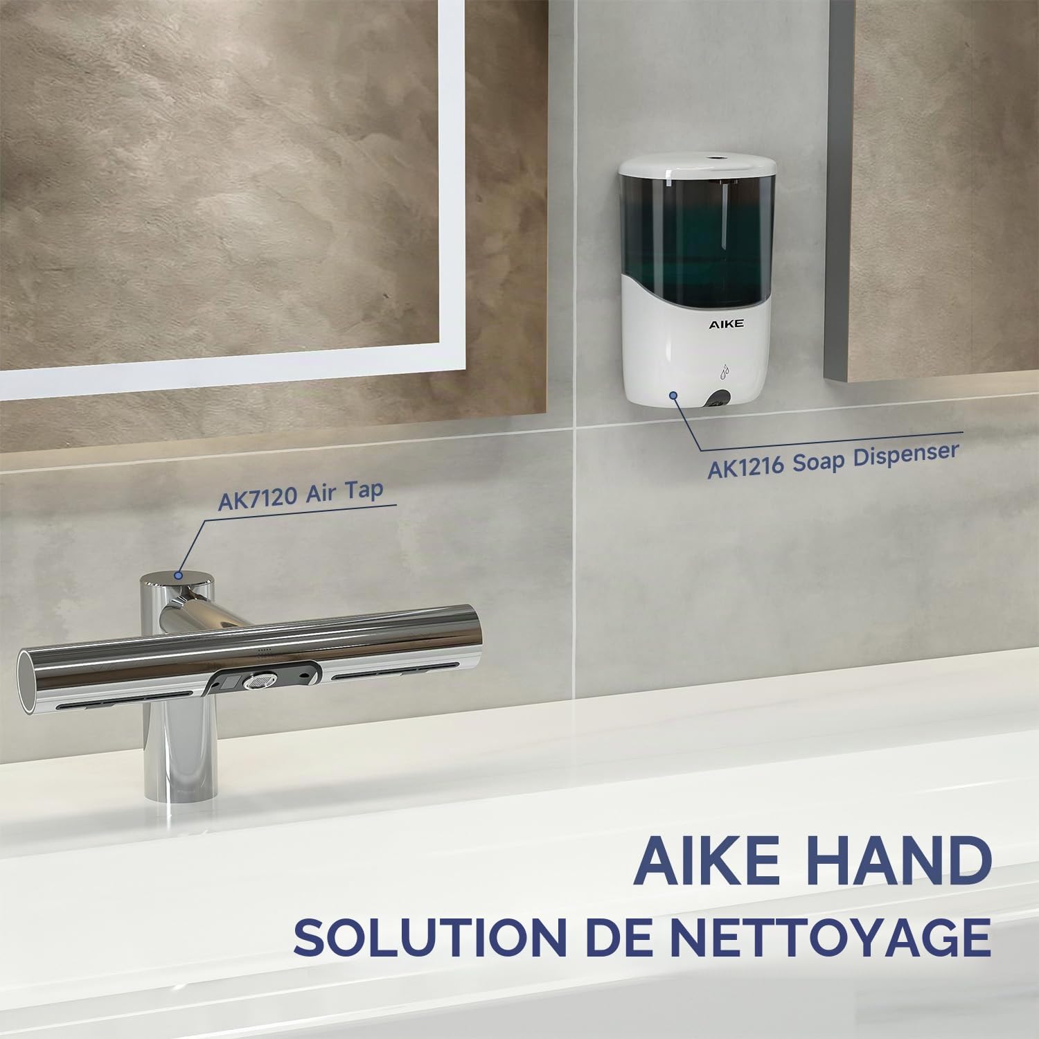 AIKE Distributeur de Savon Automatique Mural, Distributeur de Savon Blanc sans Perçage, Distributeur de Savon Liquide pour Salle de Bain et Cuisine, Modèle AK1216