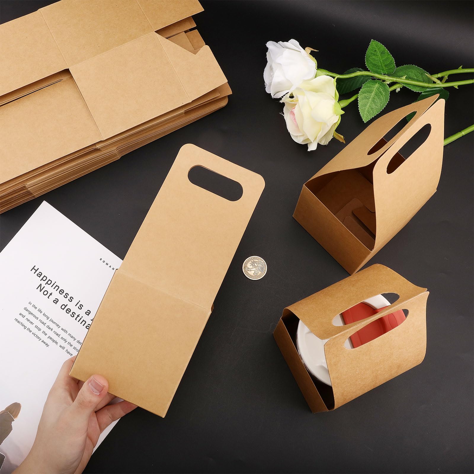 40Pcs Drink Carrier With Handles Kraft Paper Box For Drink Holder