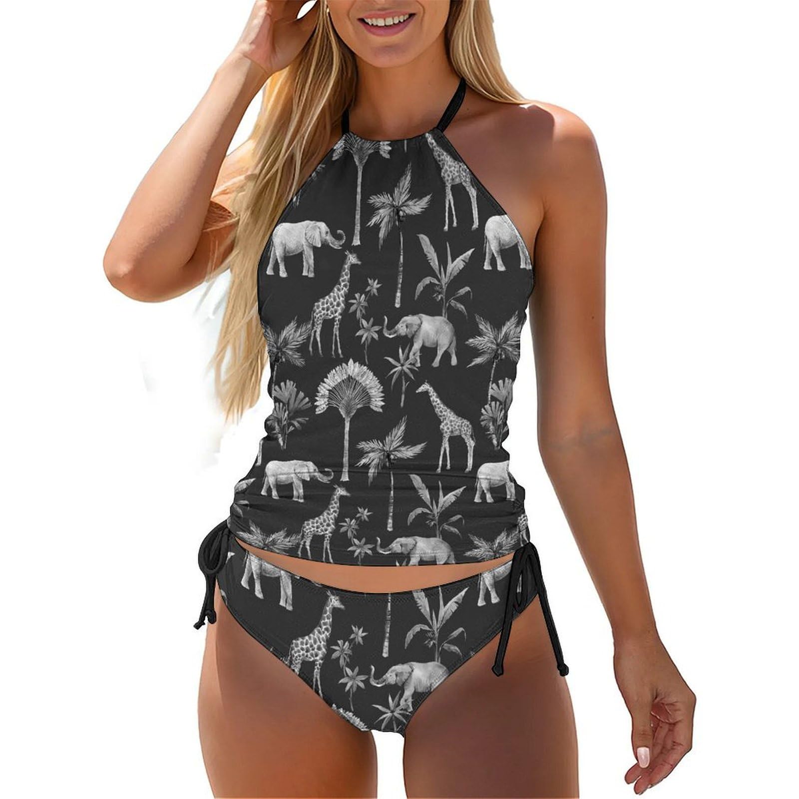 Ahdyr Unisex As Pic Watercolor Elephant Giraffe And Palm Trees Women's Tankini Swimsuits Two Piece Bathing Suits Adjustable Sling Swimwear Sets