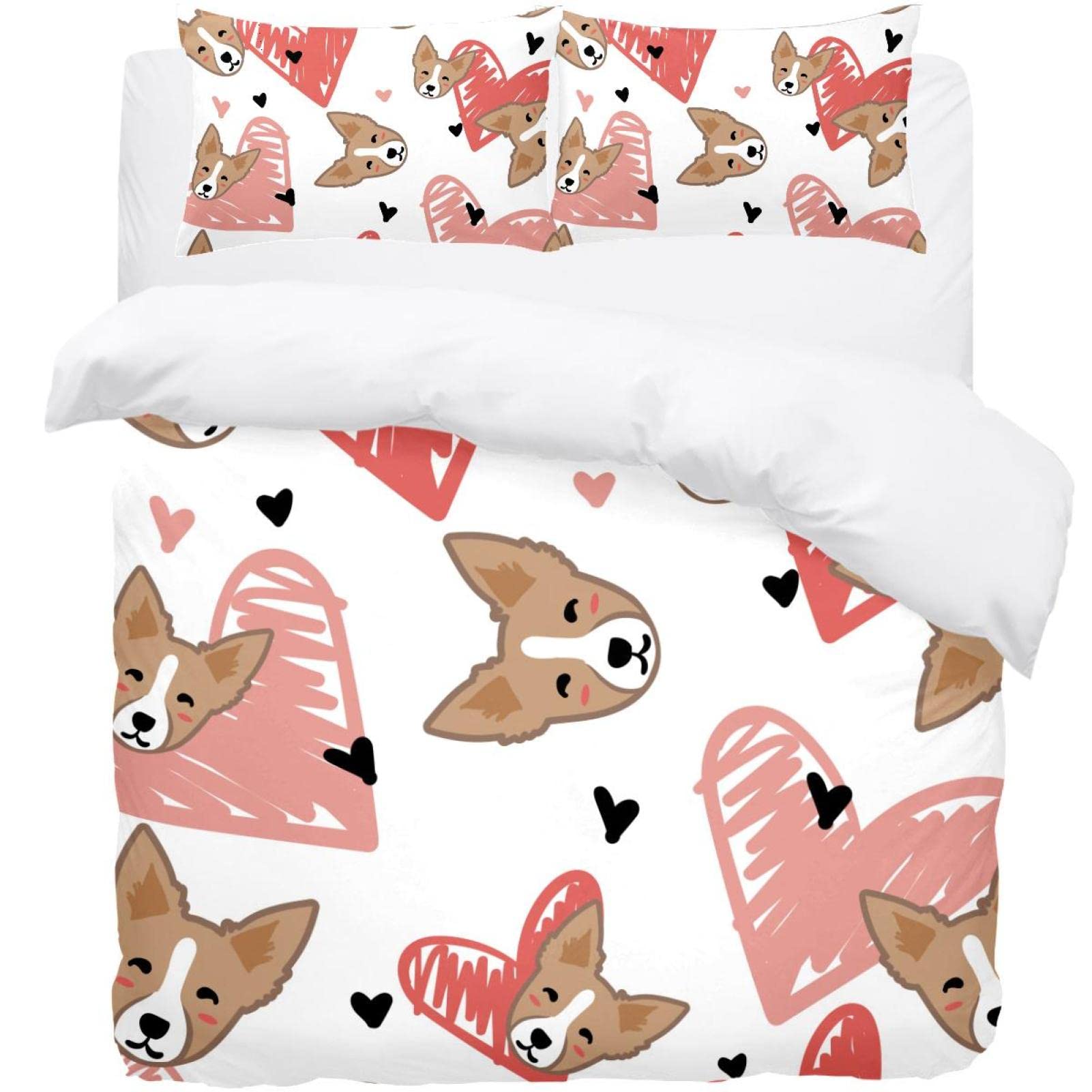 Housse de couette Corgi réversible avec parure de lit douce 3 pièces et taies d'oreiller