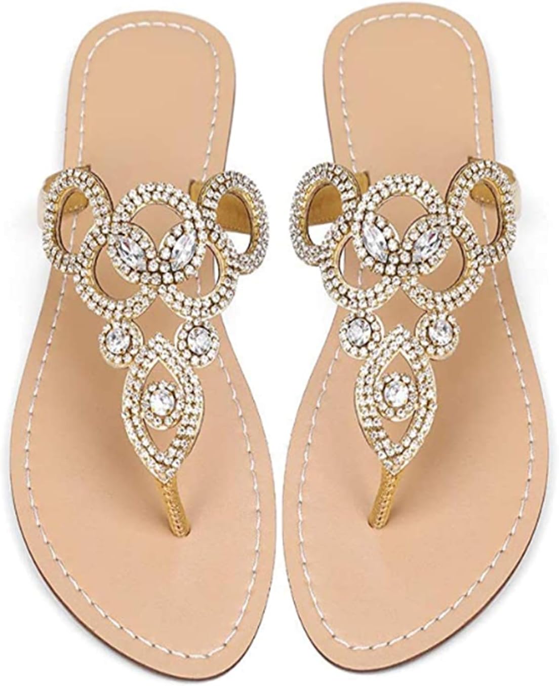 AIJIVOU Women's Rhinestone Flat Sandals, Women Flip Flops with Clip Toe RingBeadeed Rhinestone Crystal Jeweled Sandal Shoes for Summer Beach Oceanside Holiday Outdoor
