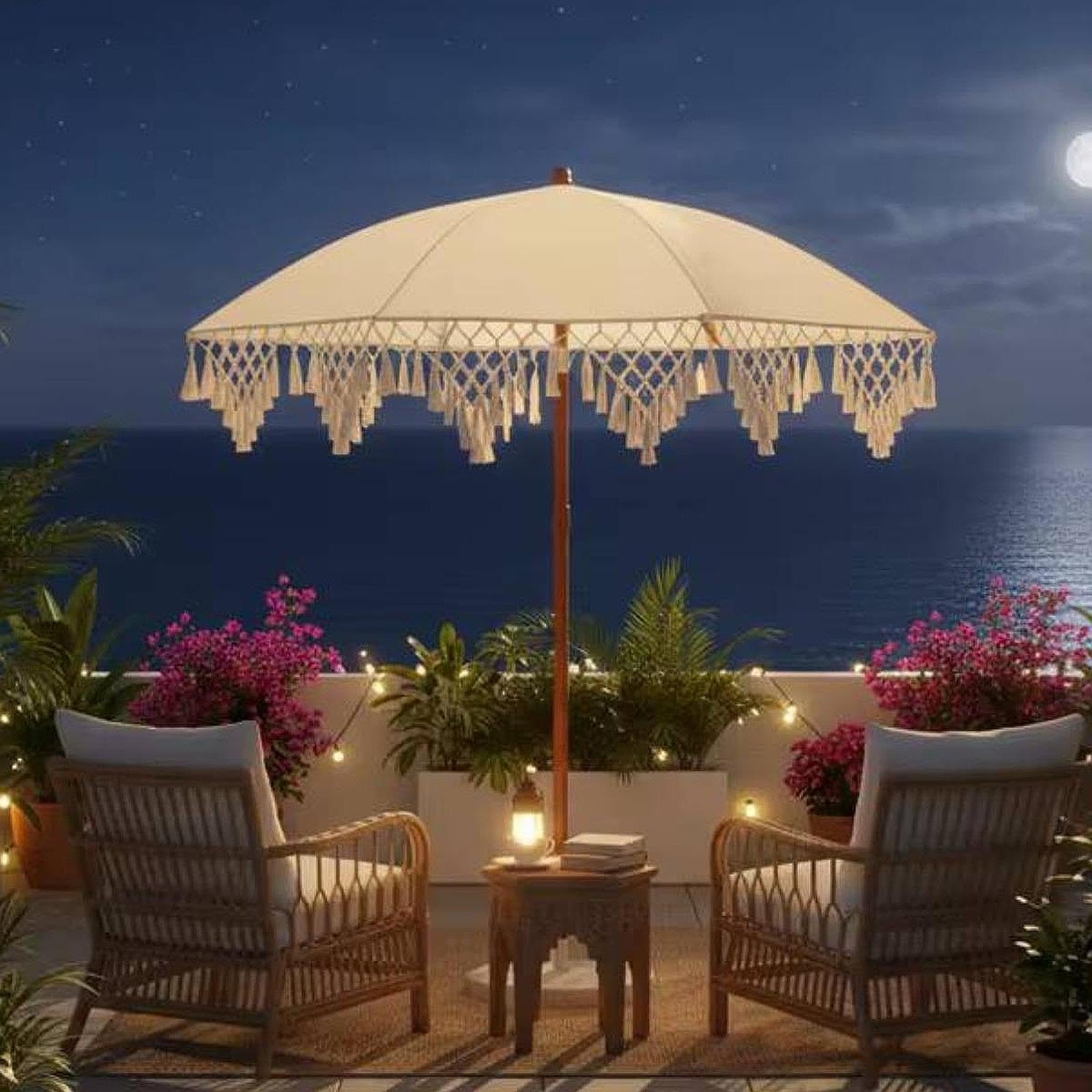 Heavy Du UV Protect Parasol tarasowy z frędzlami - zewnętrzny zadaszenie sune na podwórko, plażę i podróż - idealny na relaks