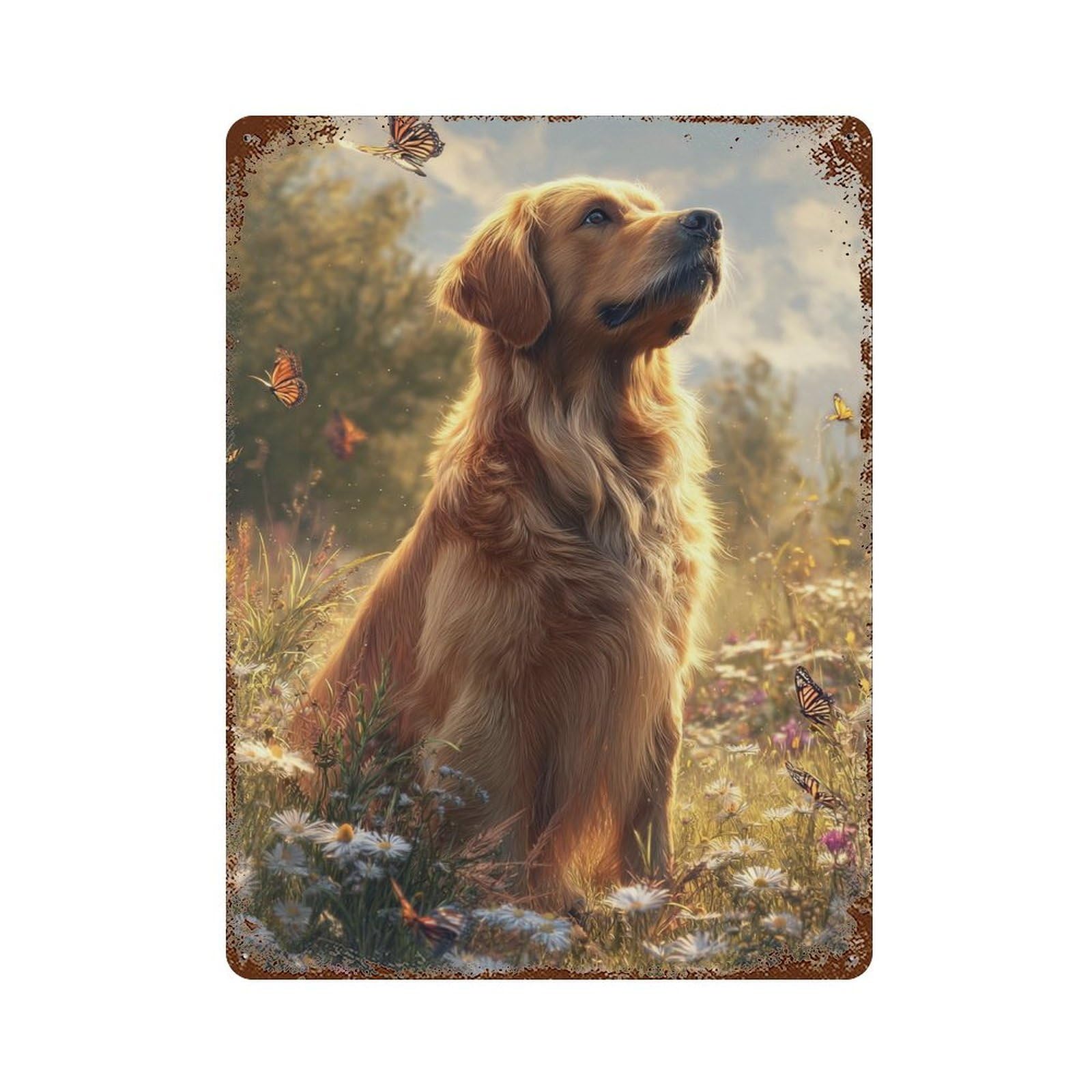 Rust Effect Golden Retriever in Flower Field-2 Rustic Tin Plaque 15.7"x11.8", Classic Wall Plaque for Shed, Workshop And Garage Wall Decor