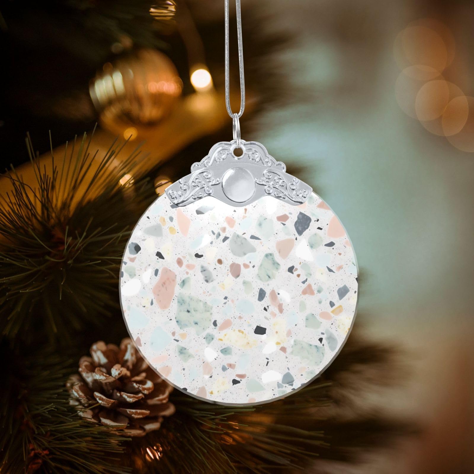Crystal Christmas Ornaments for Christmas Tree Decoration Hanging Terrazzo Marble Pastel Ornament with Gold Ribbon Crafts Round Pendant for Keepsake Gifts Glass Xmas Decor Party Supplies