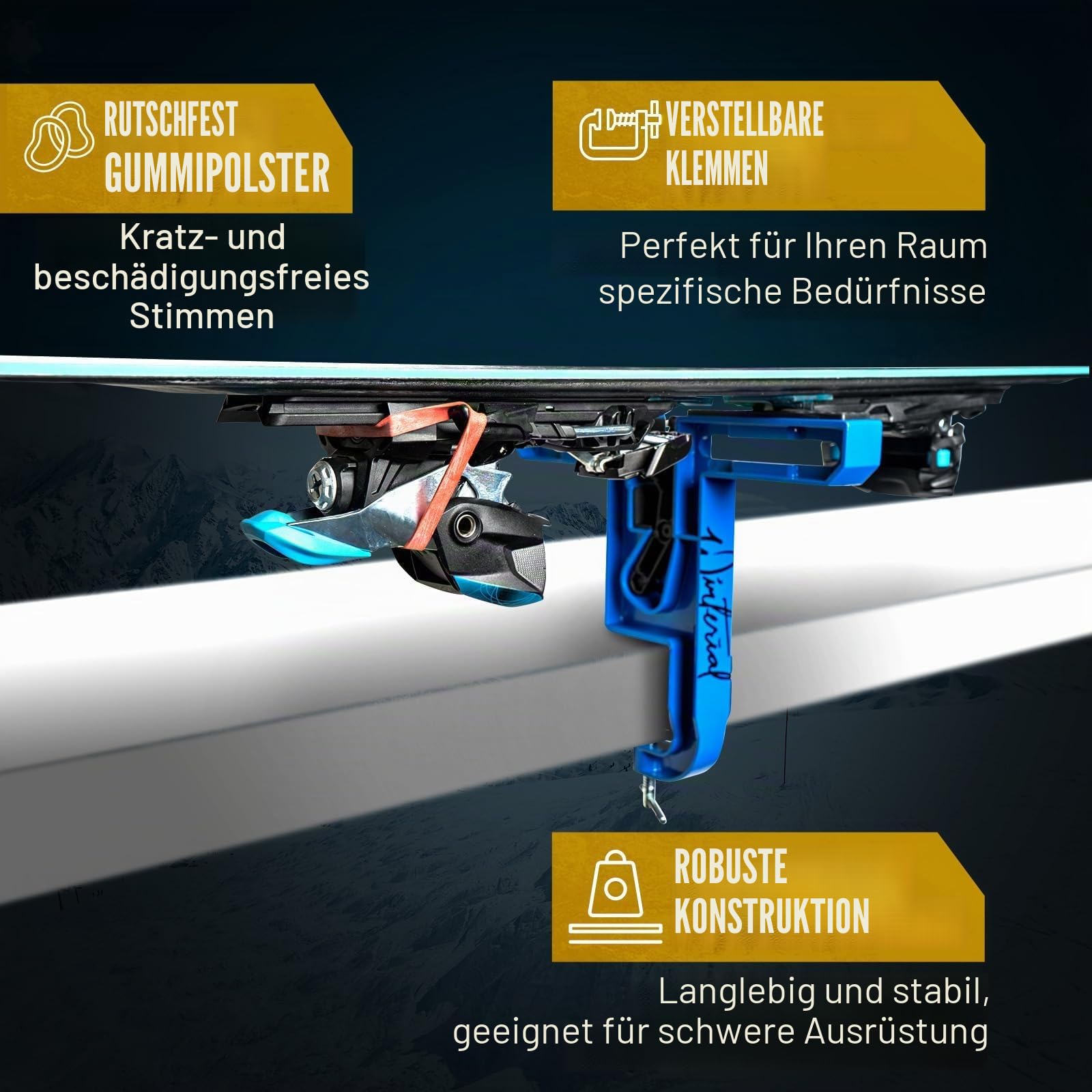 Winterial Ski und Snowboard Schraubstock, Set mit 2 Spannzangen zum Wachsen, Reparieren & Tuning, Horizontale & Vertikale Ausrichtung mit Gummibremshaltern und sicherem Board-Griff