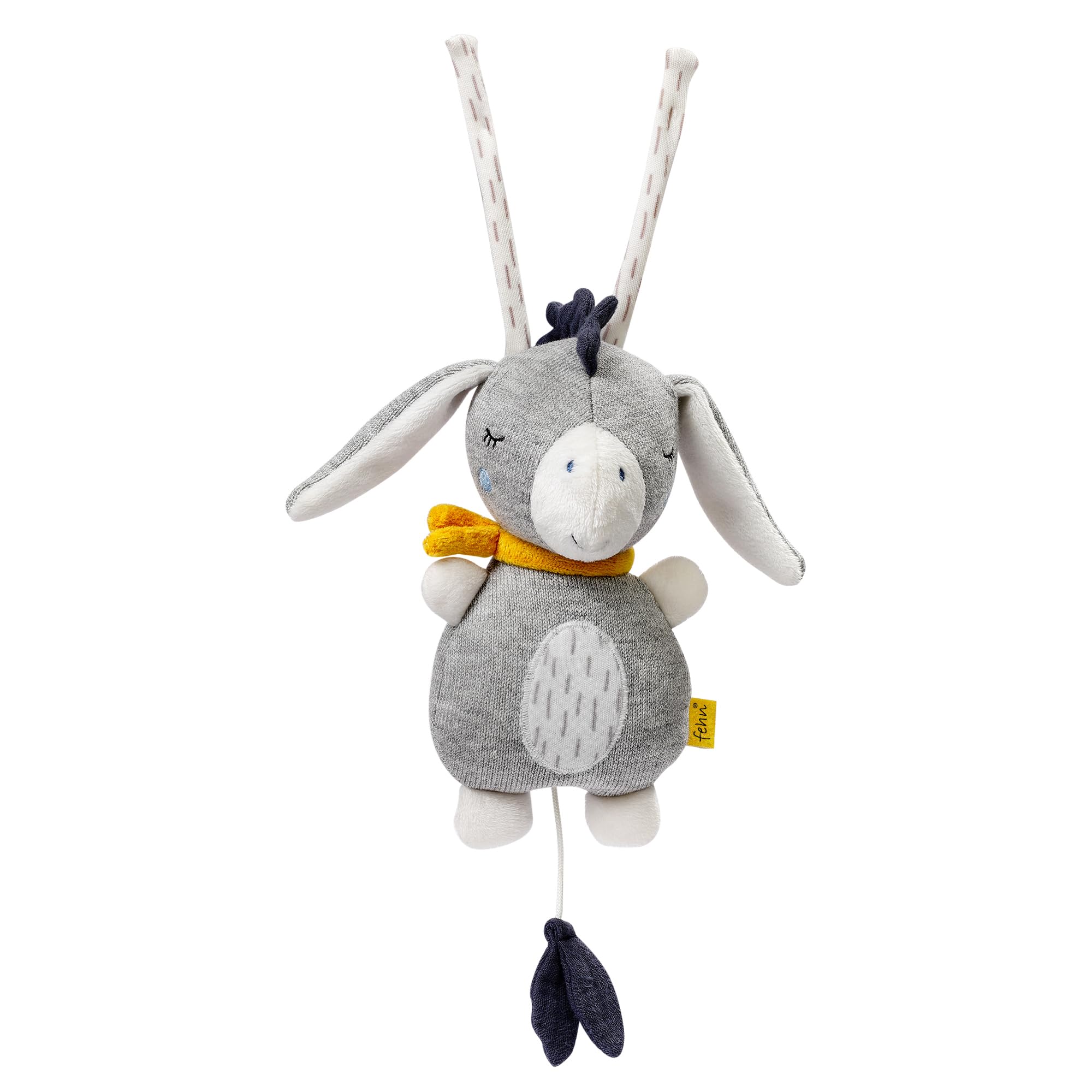 Fehn Music Box Baby fehnNatur Sleep Aid Donkey - Cuddly Toy Made of Cotton from Organic Cultivation - Melody "Brahms Lullaby" - Baby Toy for On The Go & Home - Music Toy for Babies