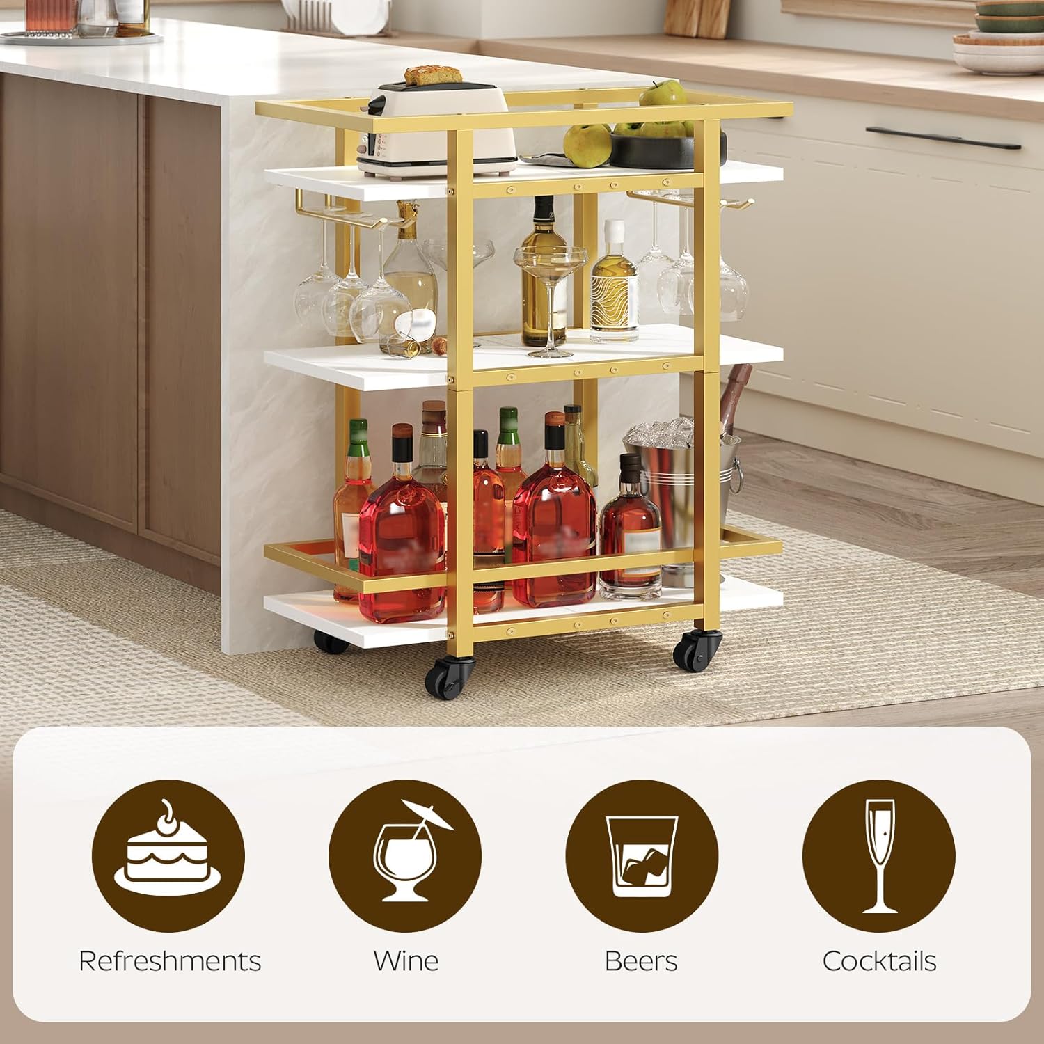 Coffee Bar Cabinet, Kitchen Island with Storage, Home Bart Serving Cart with Glass Holders, KF22WN-BC19DW