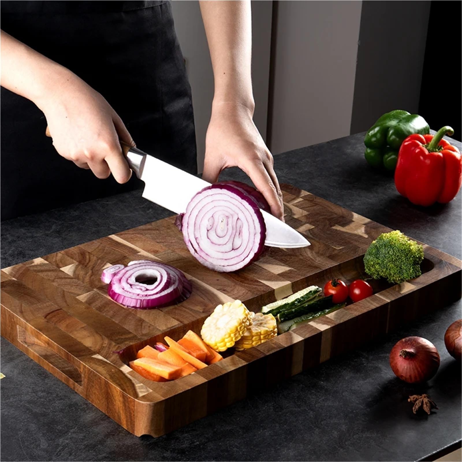 Tabla de cortar de acacia de doble cara con ranura for jugo