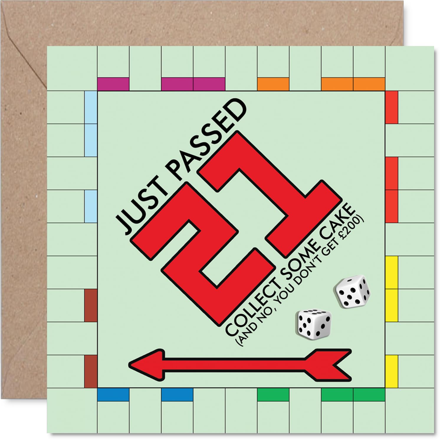 Funny 21st Birthday Card - Monopoly-inspired Laughs - Cheeky 'Just Passed 21' Board Game Design with Cake and Playful Text - 145mm Square, Envelope Included