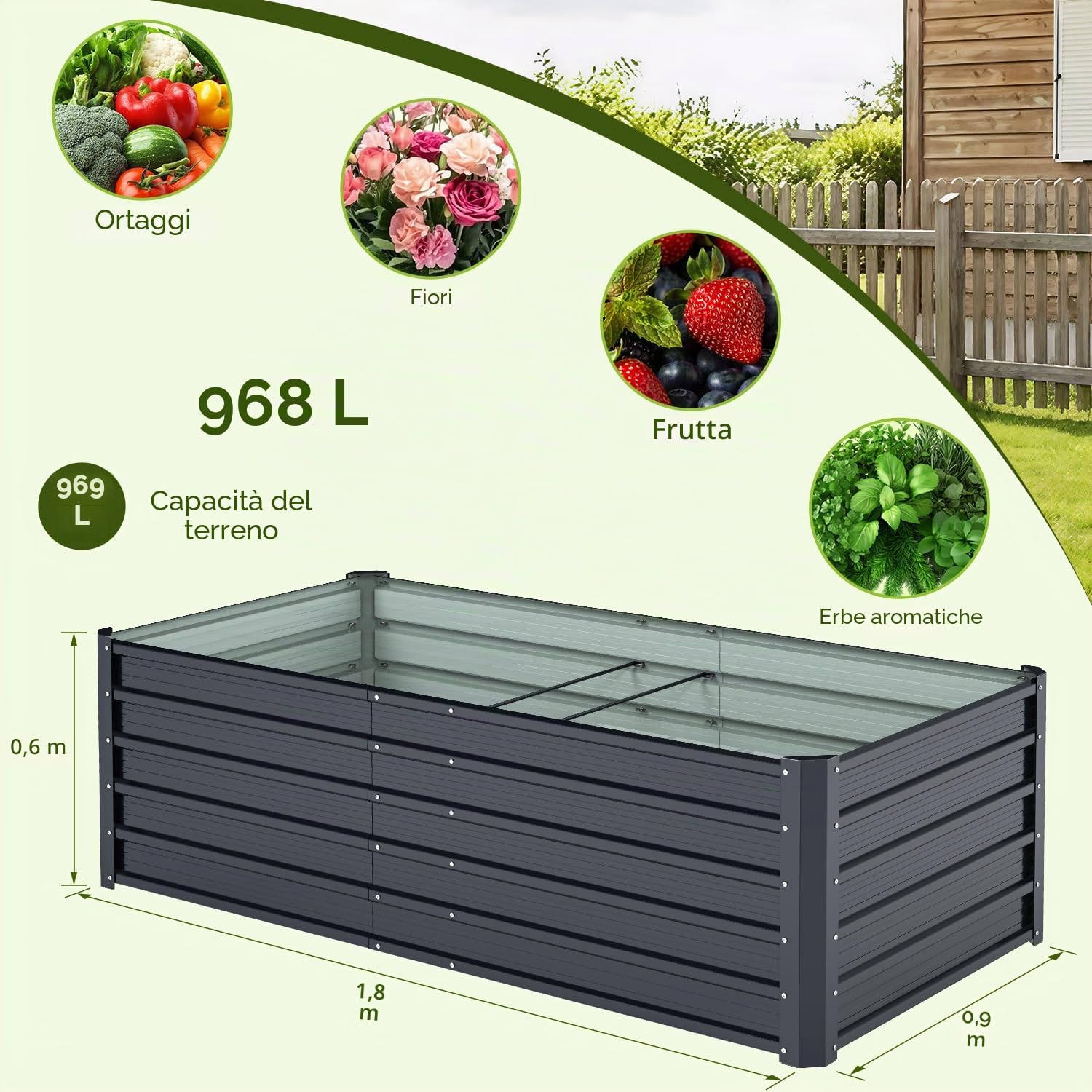 Ohuhu Fioriera Rialzata per Esterno, Cassetta da Giardino in Acciaio Rivestito Rinforzato 180x90x60 cm, Letto da Giardino in Metallo Rivestito Antiruggine per Verdure, Fiori e Sukkulent Grigio