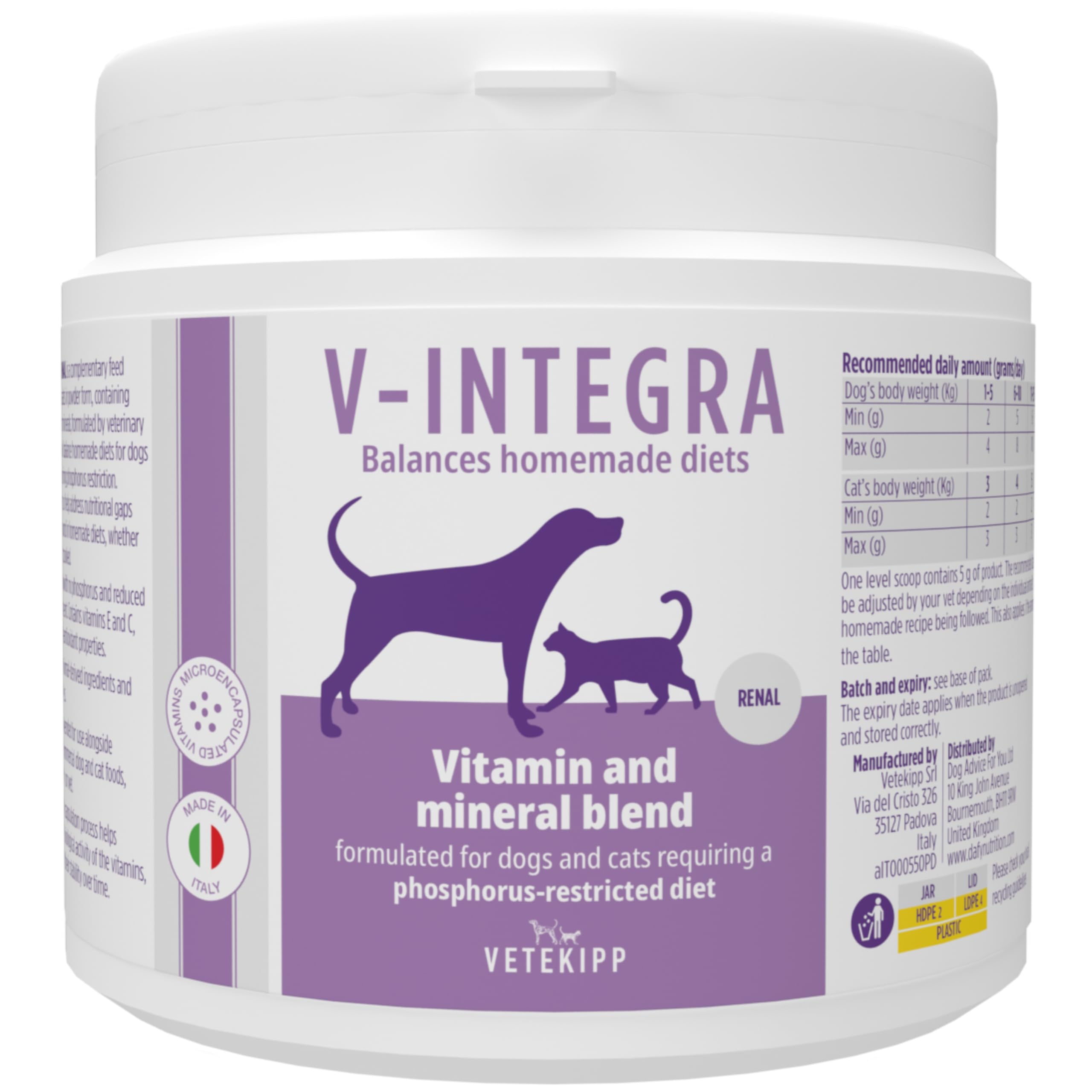 V-INTEGRA Renal 500g, Vitamin and Mineral Supplement to Balance Home-Cooked Diets for Dogs and Cats Requiring Phosphorus Restriction, Multivitamin for Dogs and Cats, Made in Italy