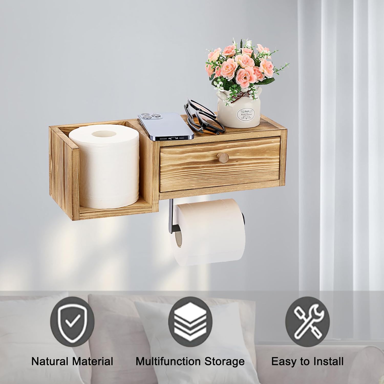 BTSKY Wall Mounted Wooden Toilet Paper Holder with Shelf and Drawer - Bathroom Toilet Paper Roll Holder with Storage Box, Flushable Wipes Dispenser Storage Holder Organizer, Light Color